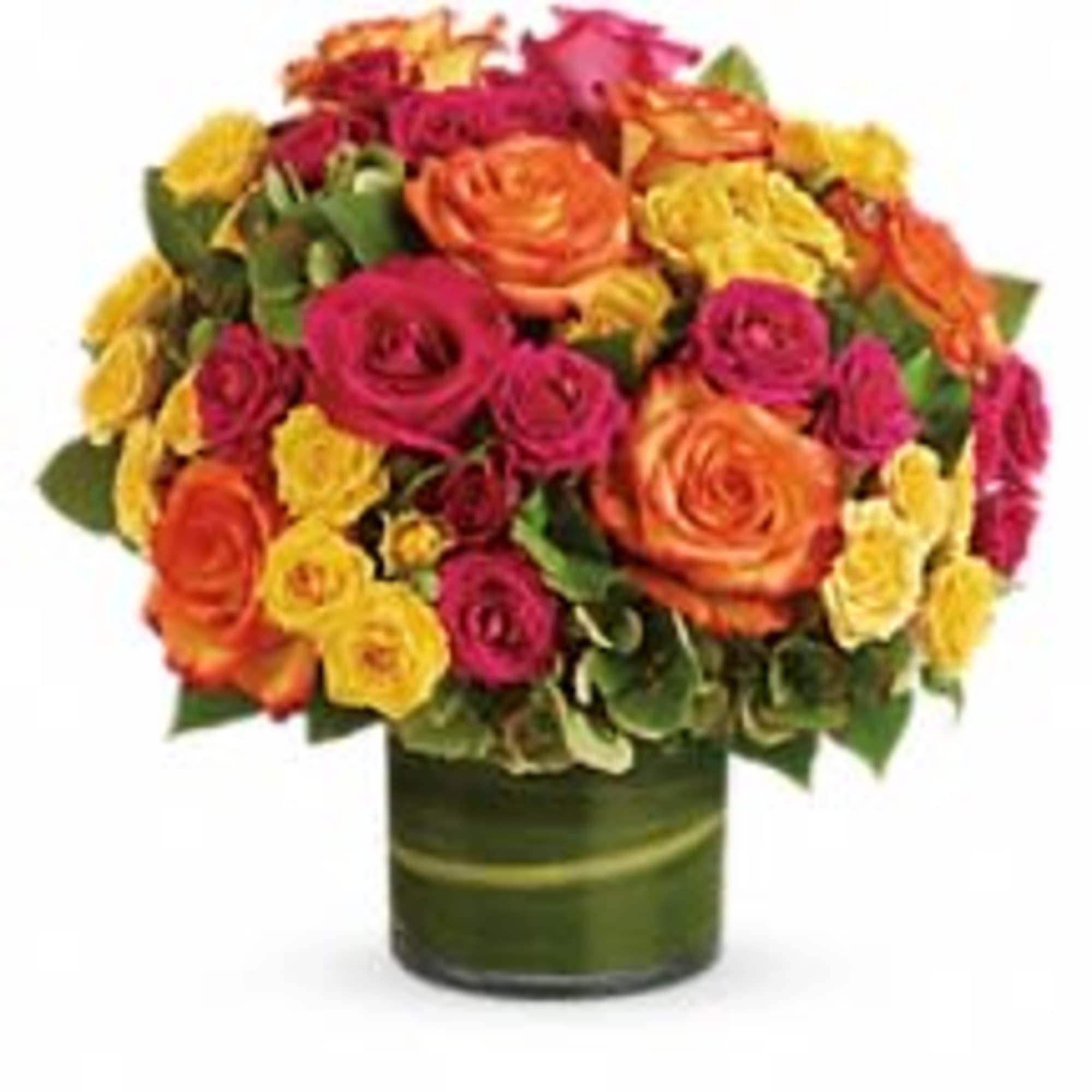 High-fashion flowers for the style-minded! This modern presentation of multicolored roses and