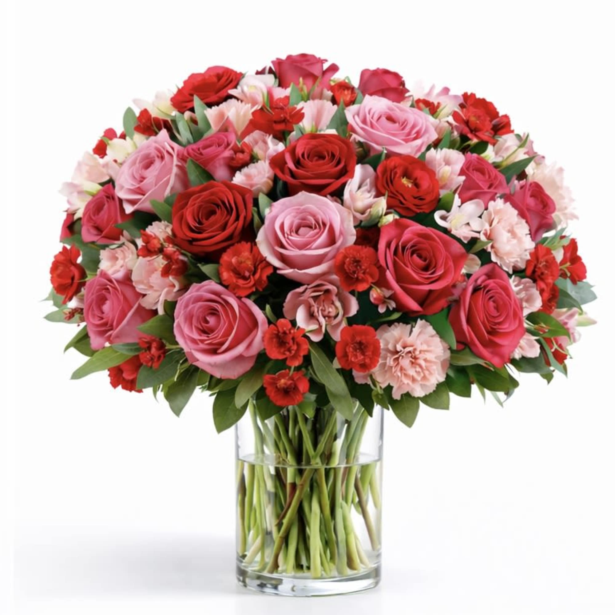 A vibrant blend of hot pink roses, red accents, and soft pink