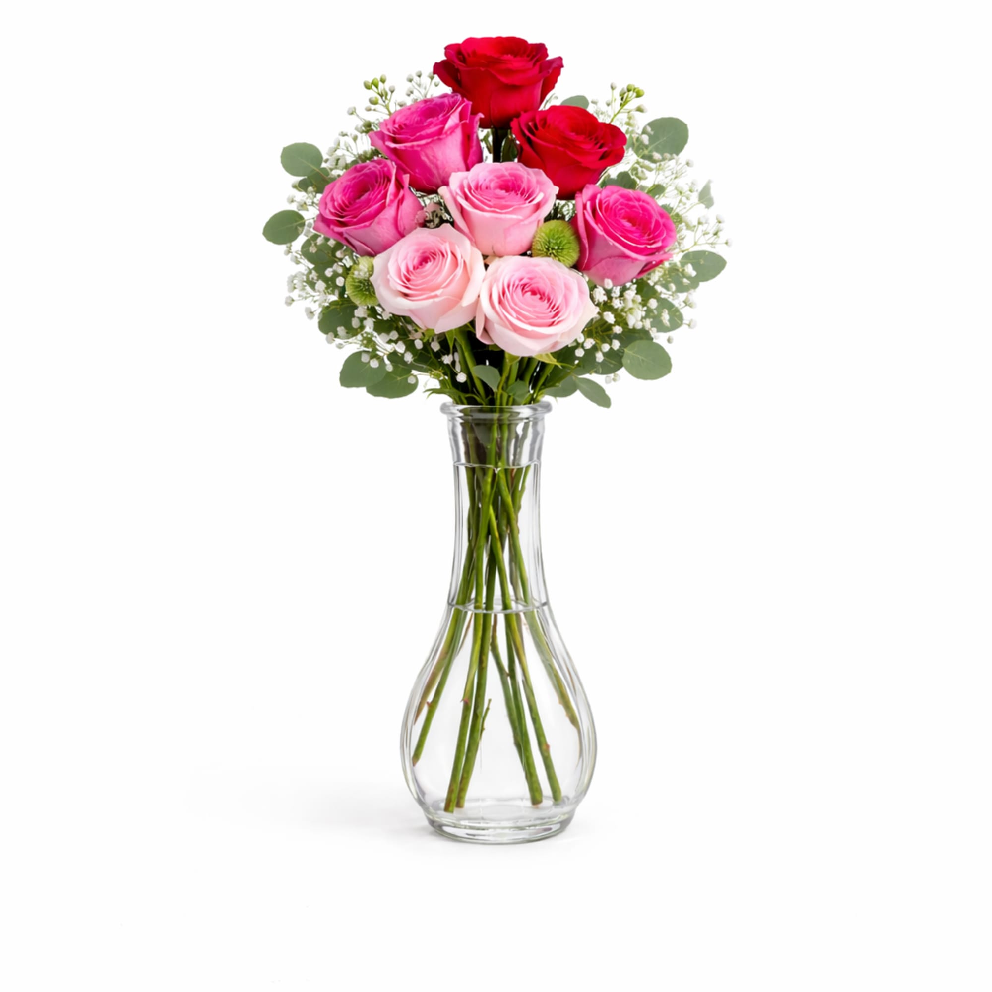 A sweet mix of blush and hot pink roses, finished with airy