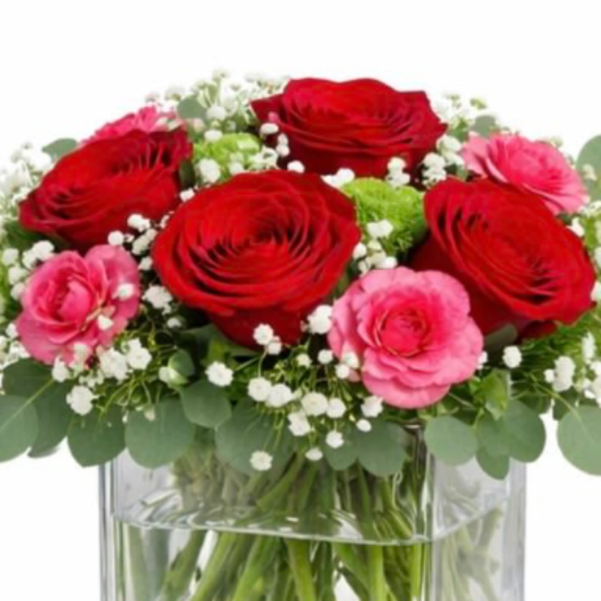 A romantic Valentine&rsquo;s mix designed in a modern glass cube. This arrangement