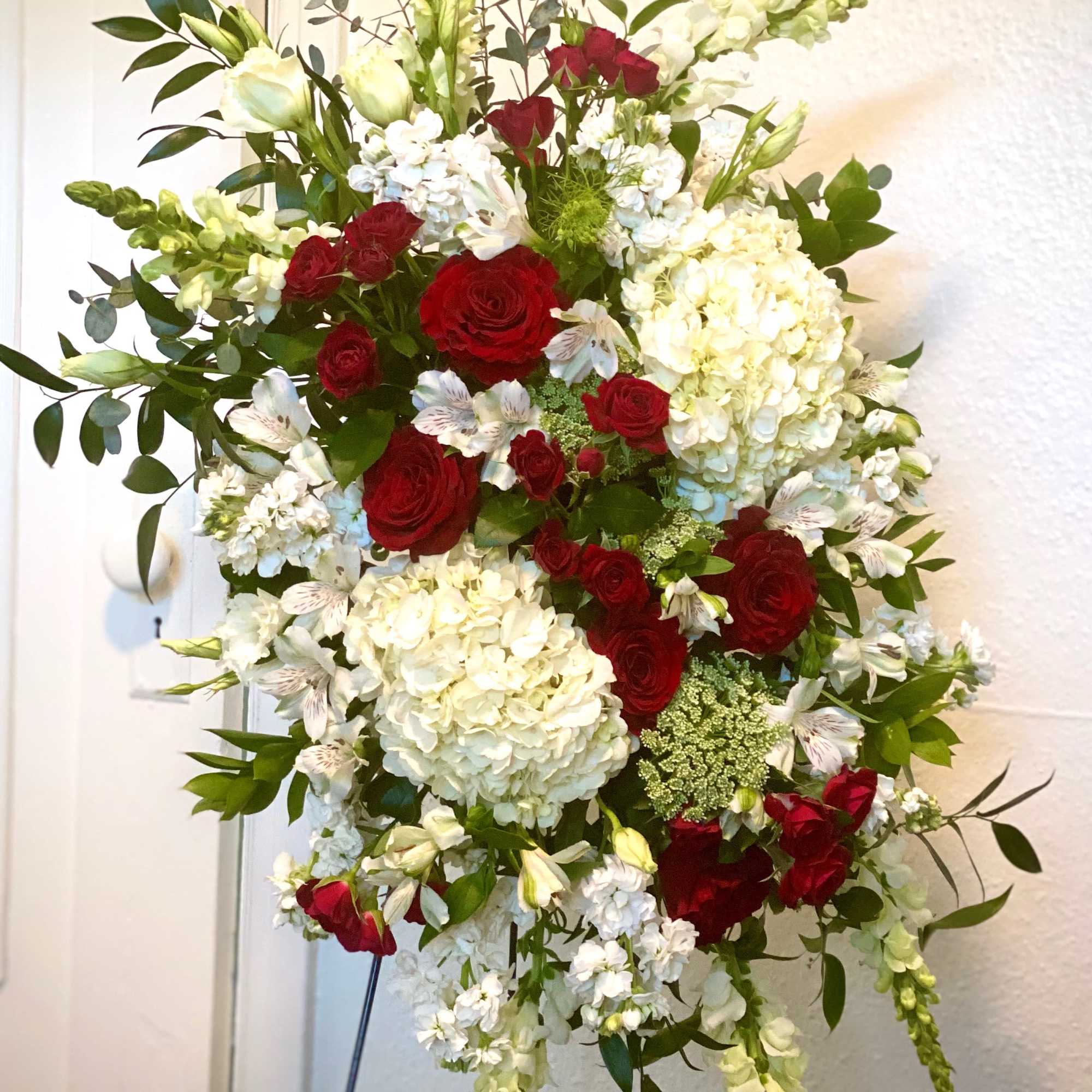 Hydrangea, roses, spray roses, lisianthus, snap dragons, stock, dahlias (when available) and