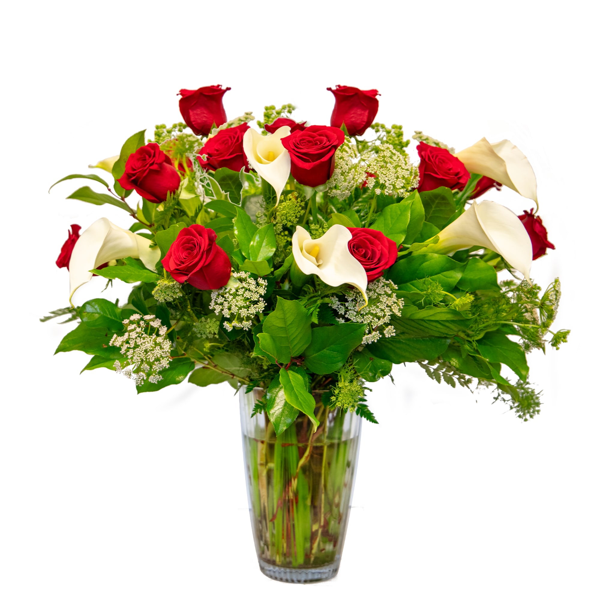 A classic combination of white Calla Lilly's and bright red Roses. Callas