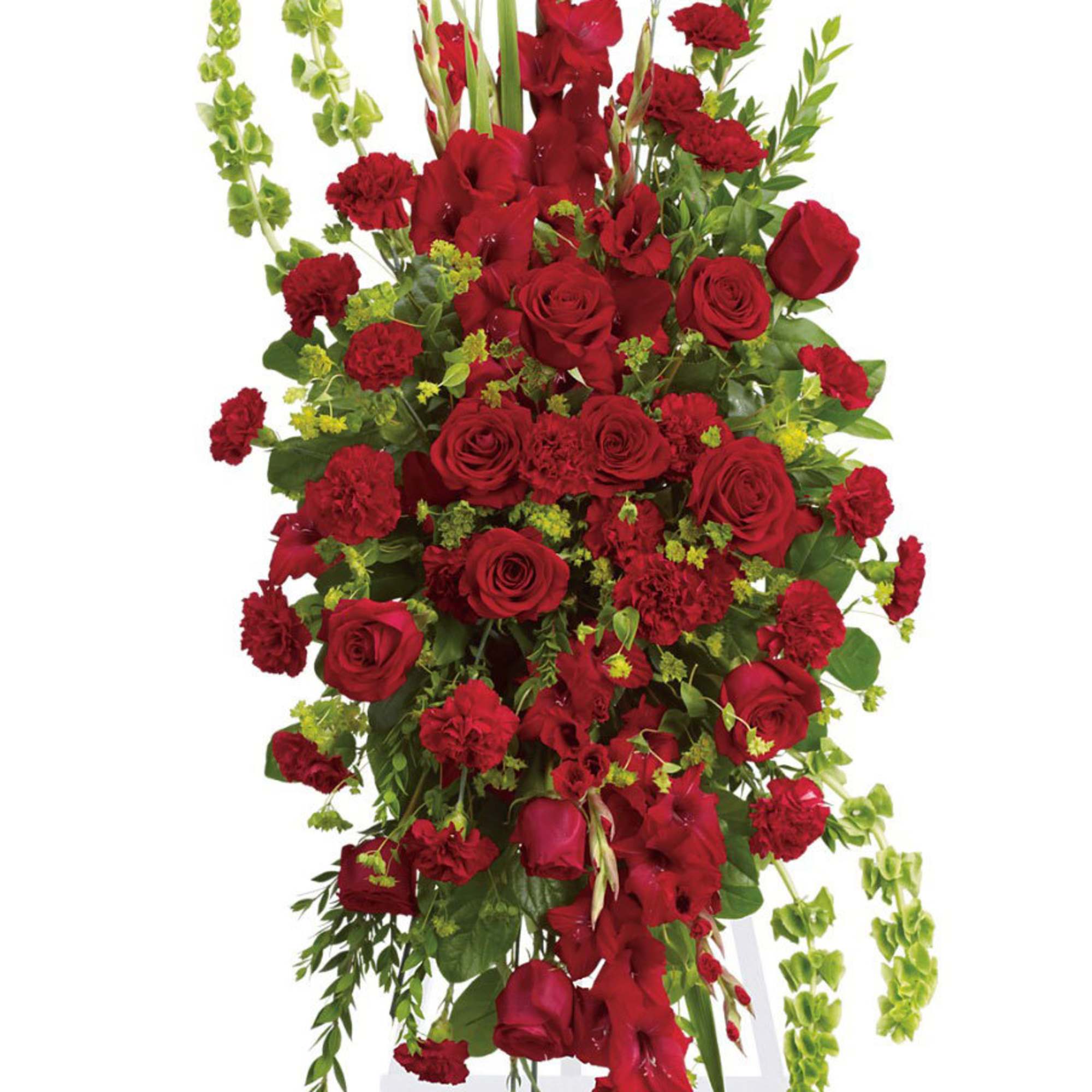 This elegant, all red funeral spray conveys compassion and deep devotion. Presented
