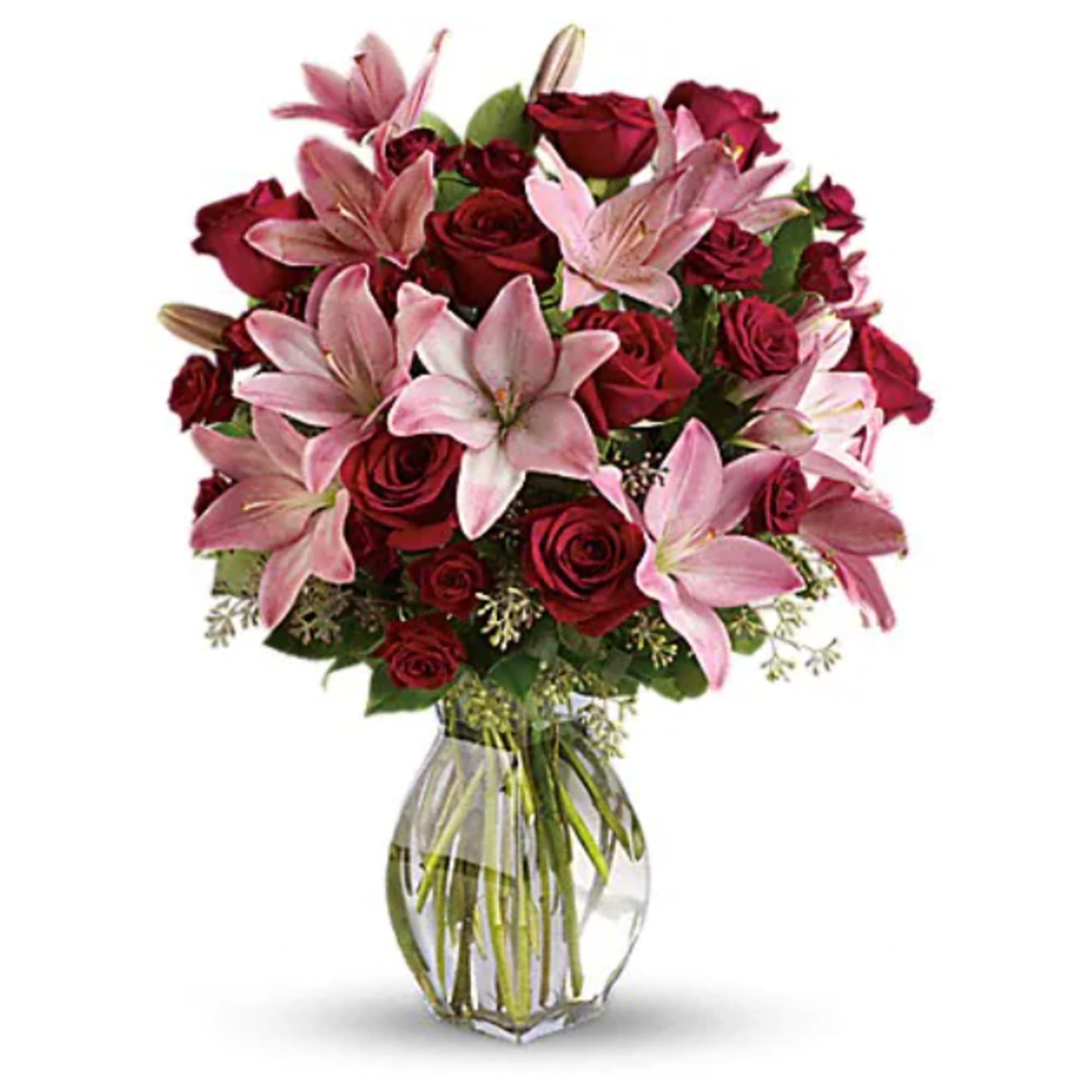 Lovely reds and pinks come together in this lavishly romantic anniversary gift.