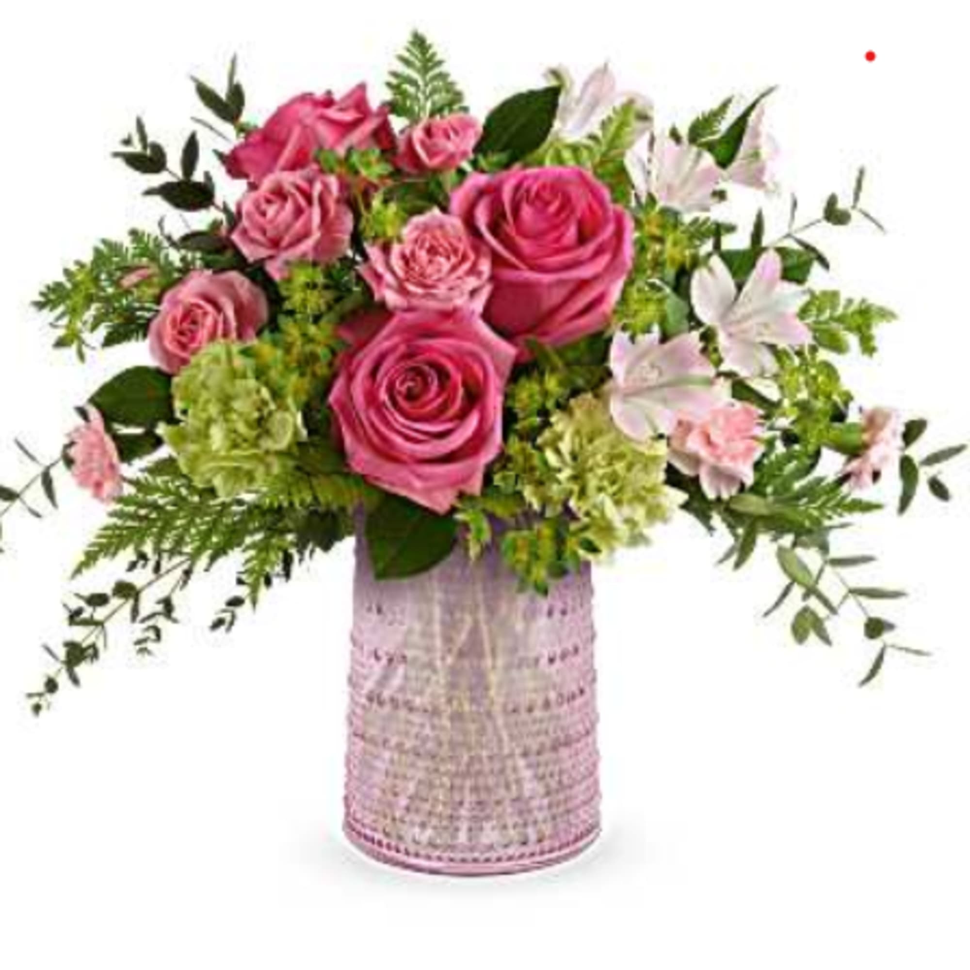 Bouquet-hot pink roses, pink spray roses, light pink alstroemeria, green carnations, pink