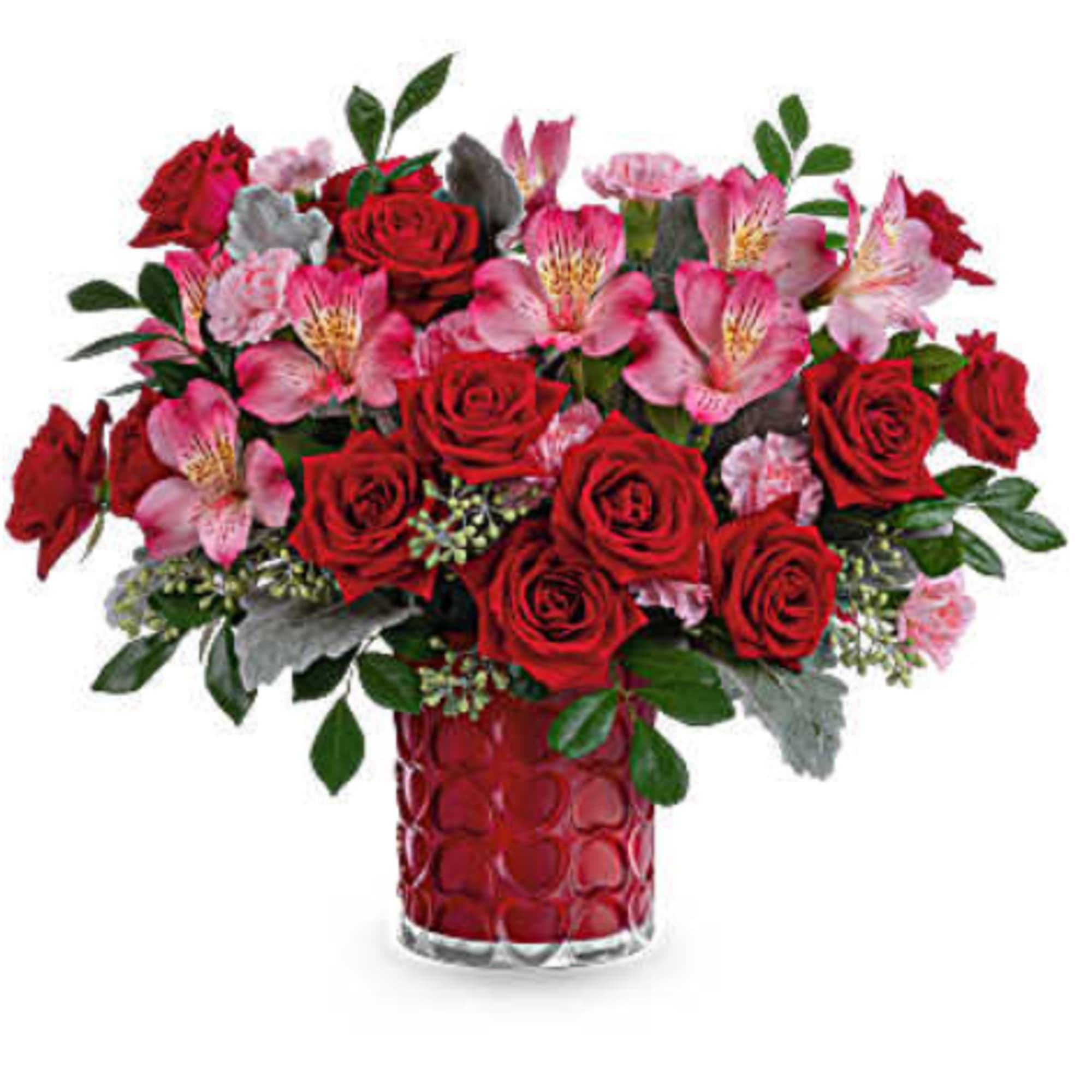 Adorned with a charming heart pattern, this delightful glass vase adds an