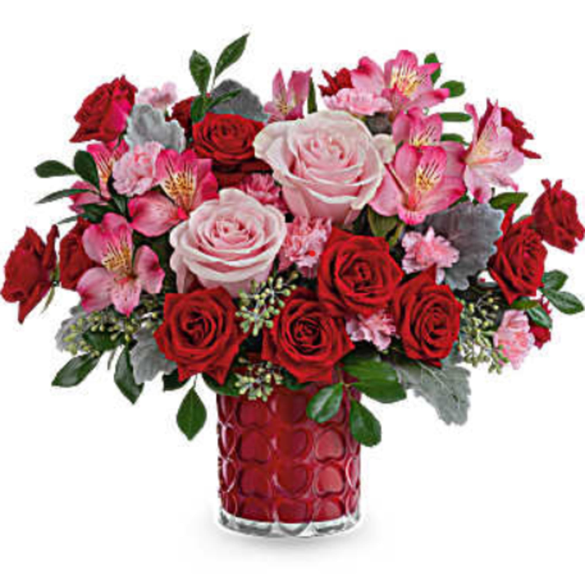 Adorned with a charming heart pattern, this delightful glass vase adds an