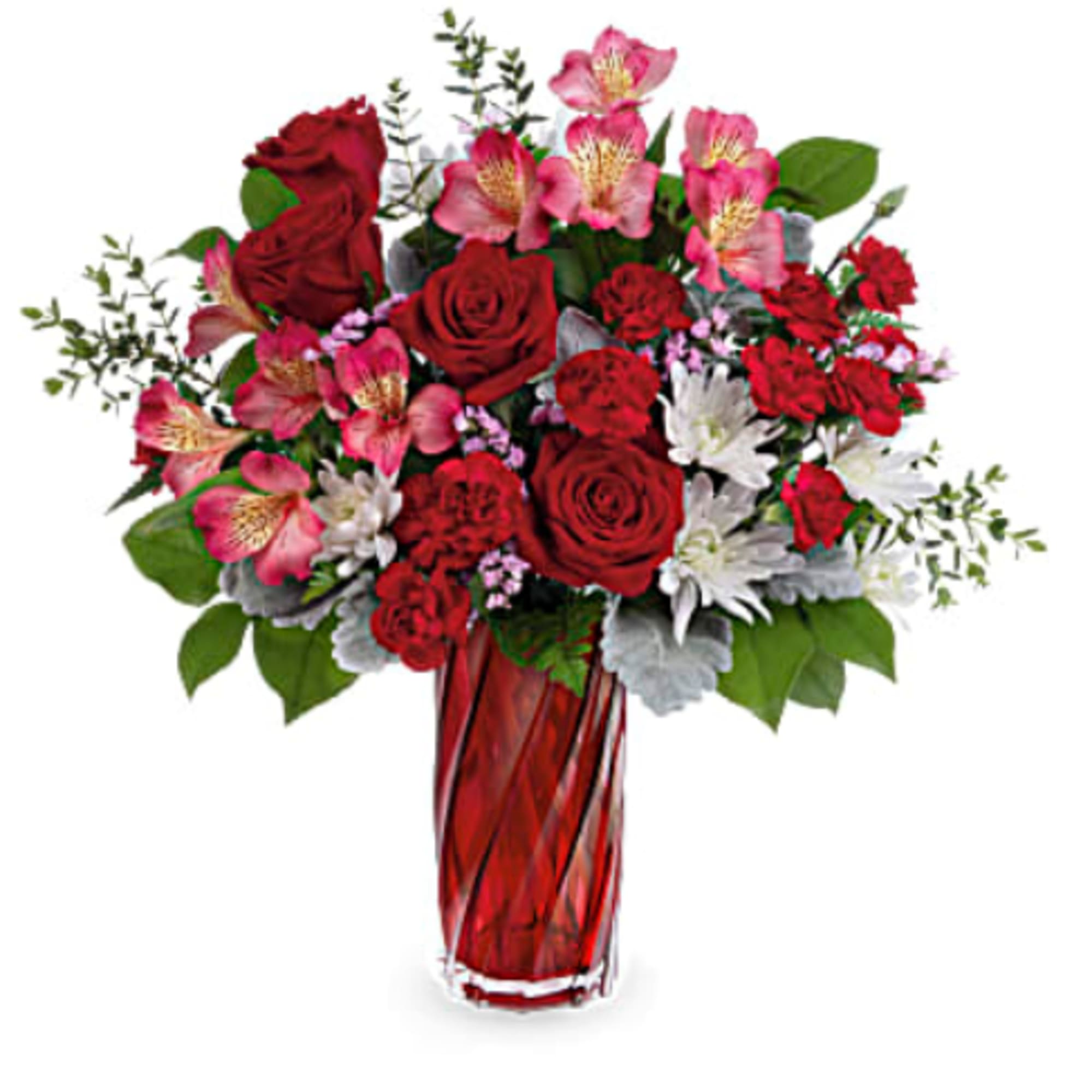 This bouquet features red roses, pink alstroemeria, miniature red carnations, white cushion