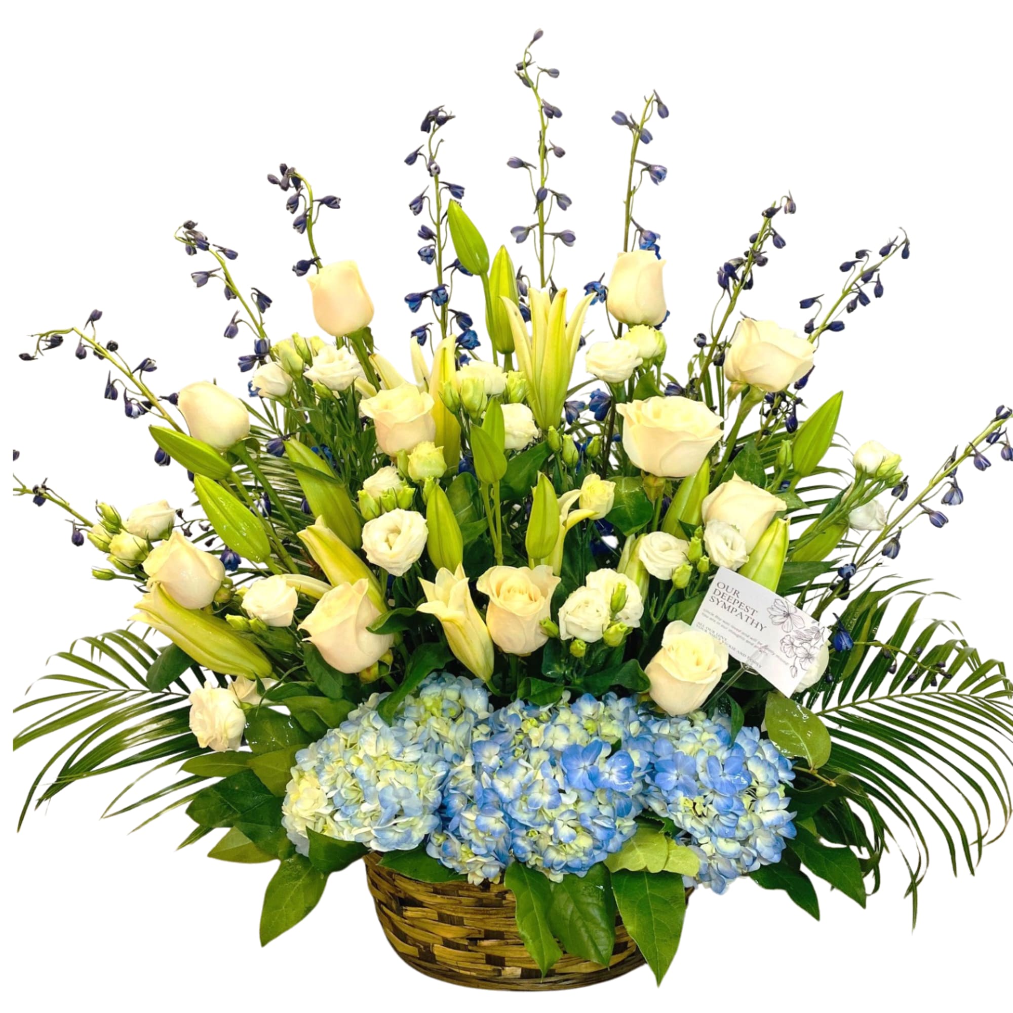 A blue, white, and green funeral basket for any type of service.