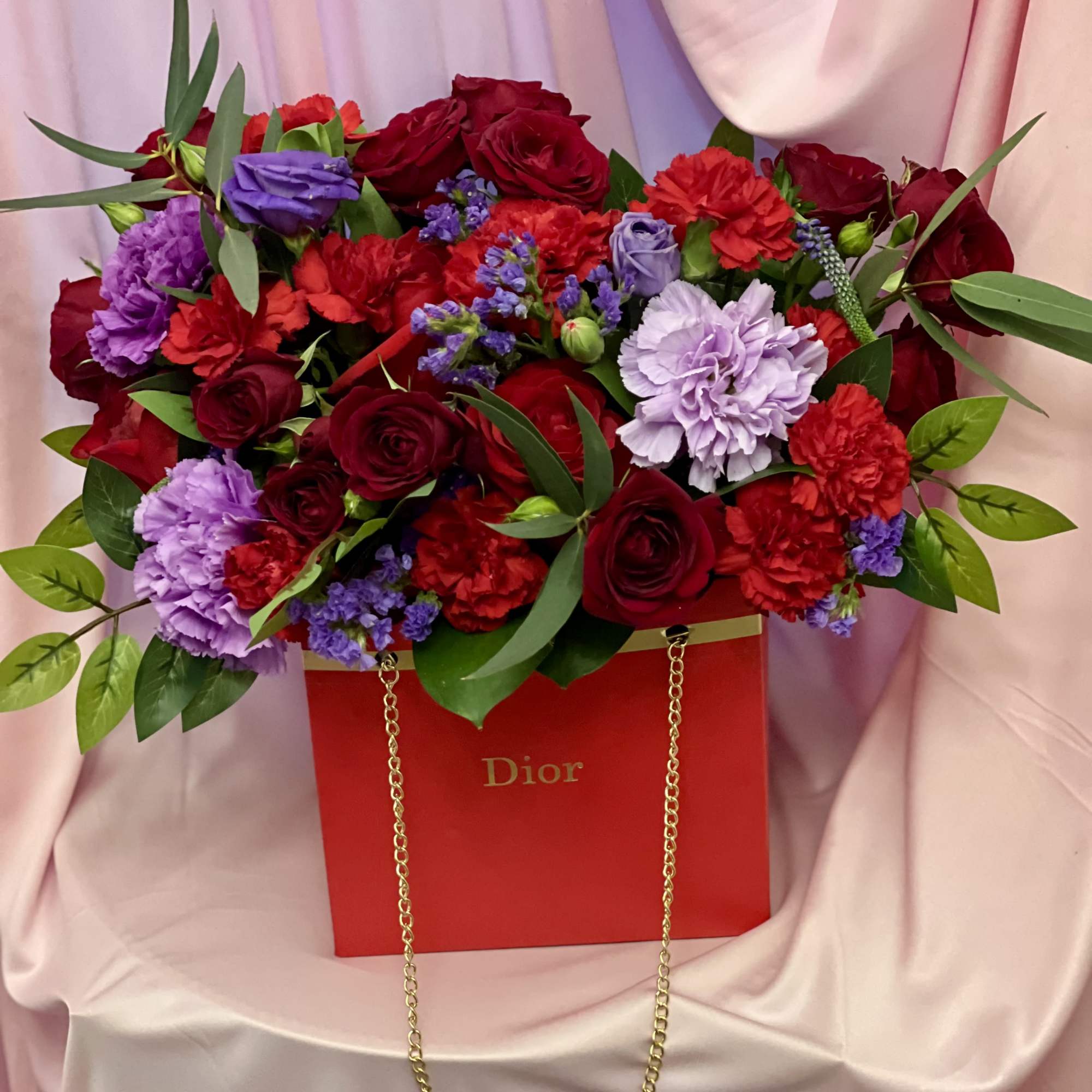 Perfect for Valentine's Day. Small Red Dior gold chain flower box. Filled