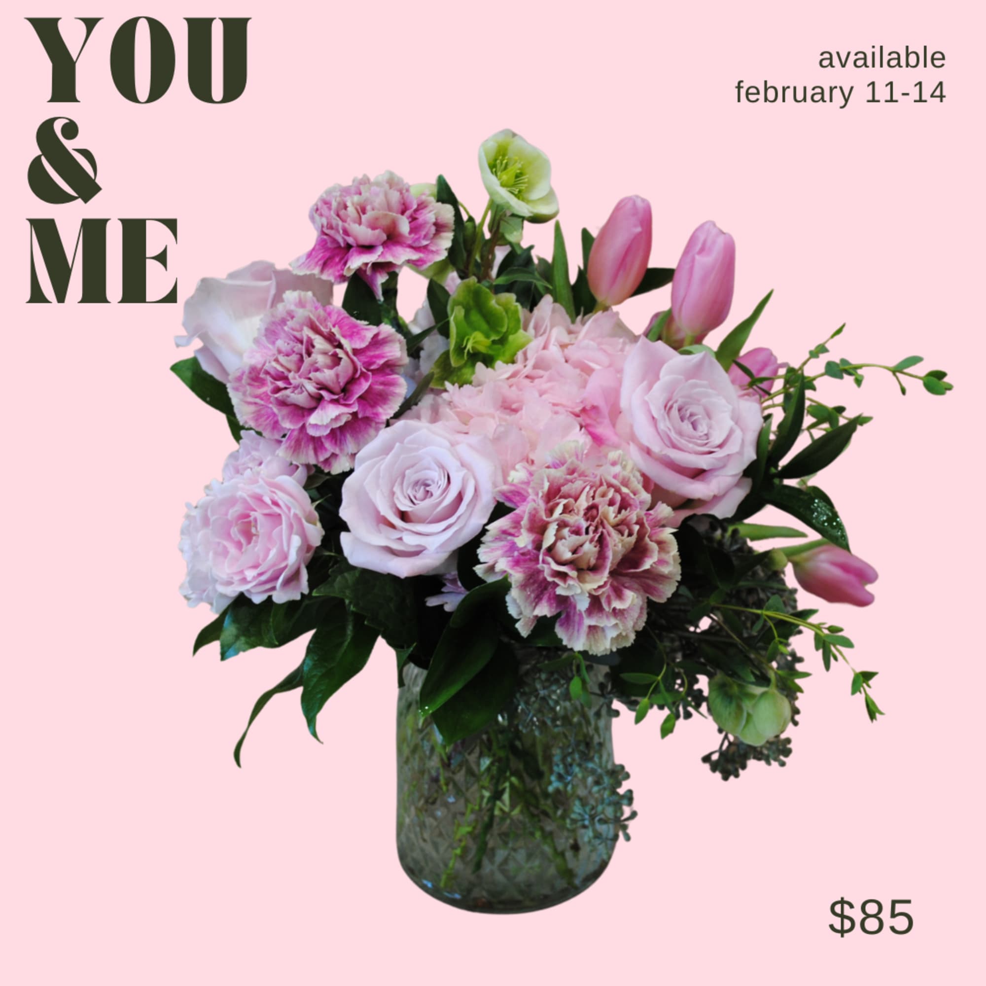 A primarily pink toned arrangement in a glass vase! 

Deluxe and premium