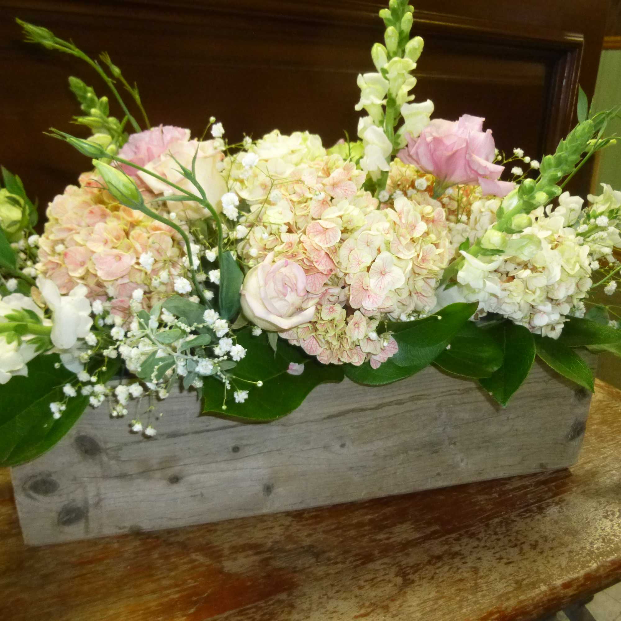 Recipe: Hydragaes, Snapdragon, Lisianthus, Roses, Baby Breath, Greens in a local hand-made