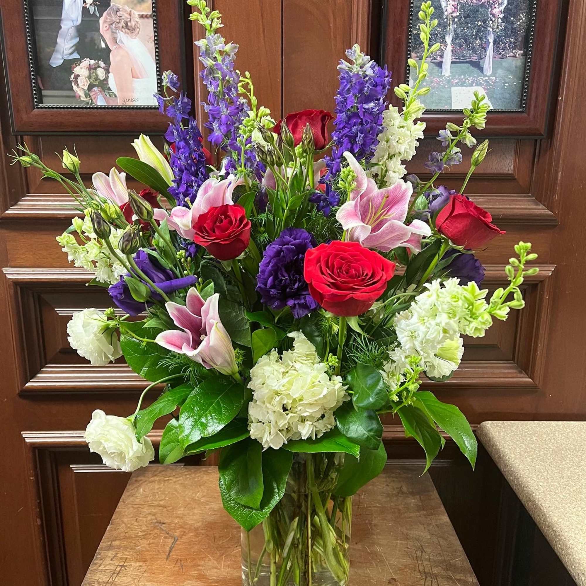 Recipe: Purple and White Larkspur, Red Roses, Pink Stargazer, Purple Lisianthus, White