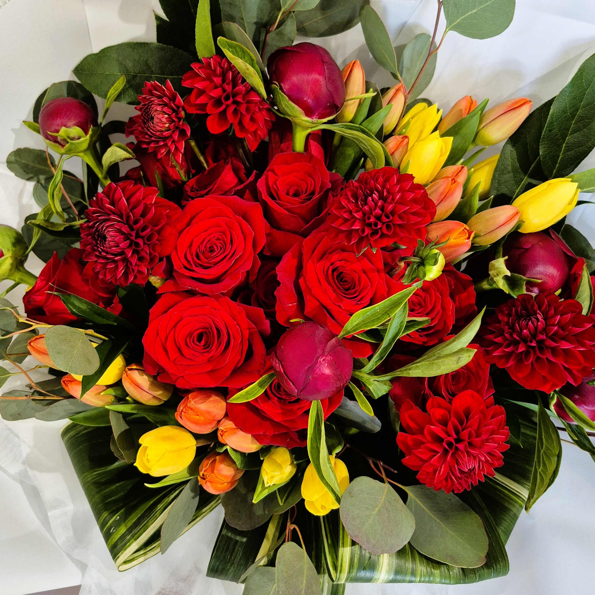 Burgundy Peonies, 2 dozon Red Roses with tulips and greenery hand bouquet.

If