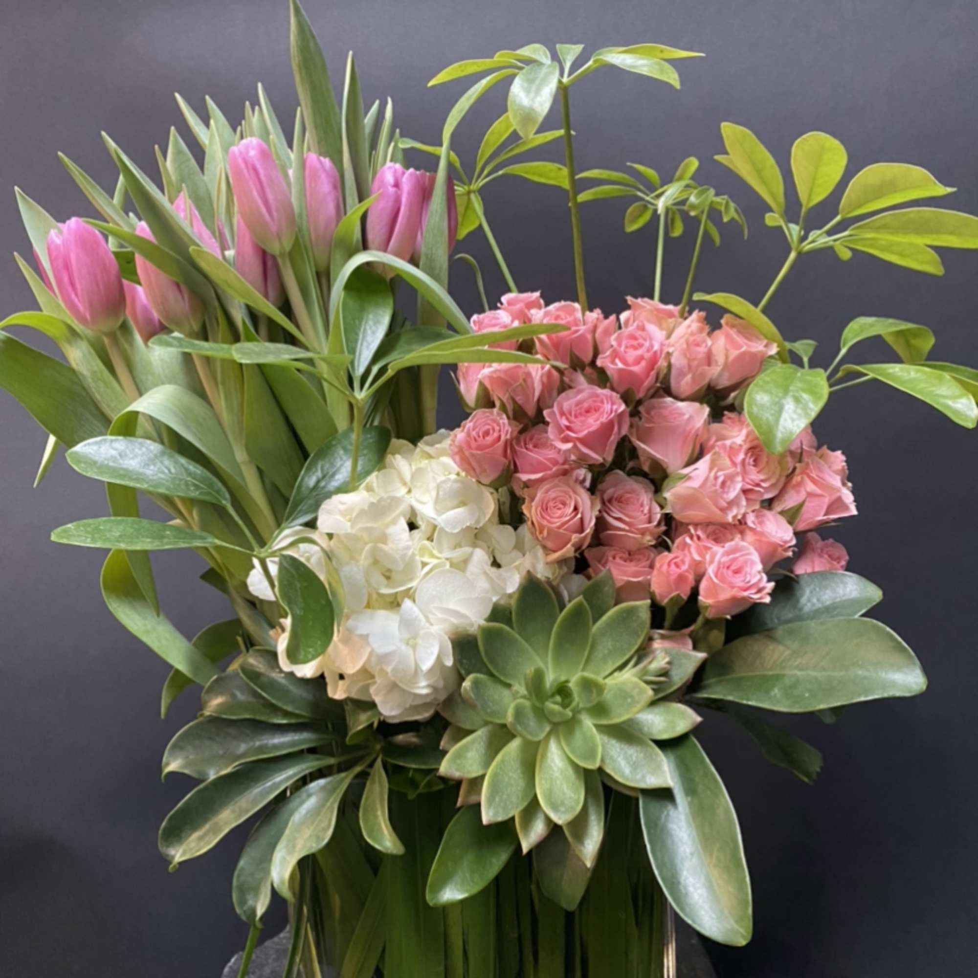 IN TULIPS SEASON- Spray roses, tulips, succulents, hydrangea.
We use flowers that are