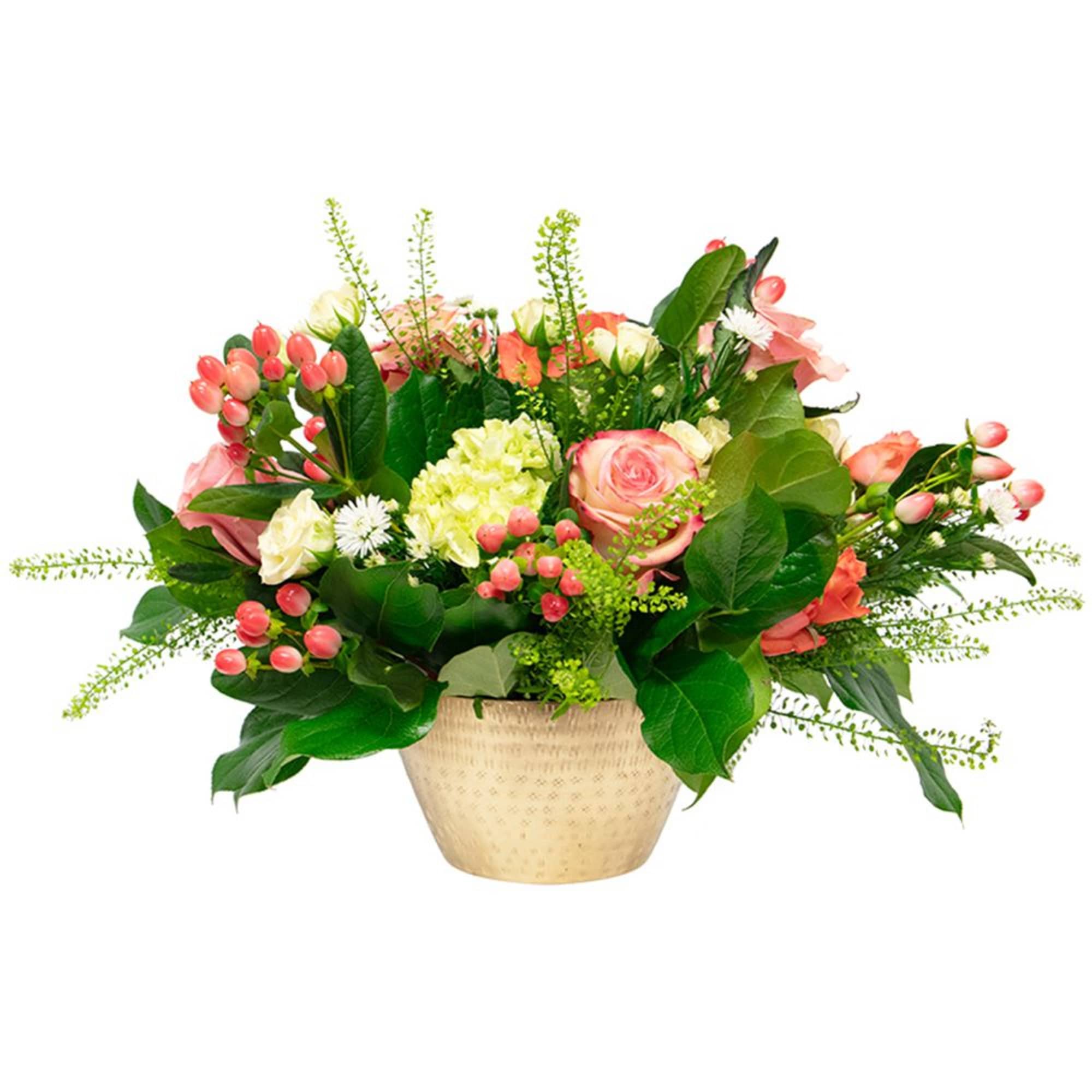 Cherish someone special with this bright arrangement featuring roses, hydrangea, and hypericum