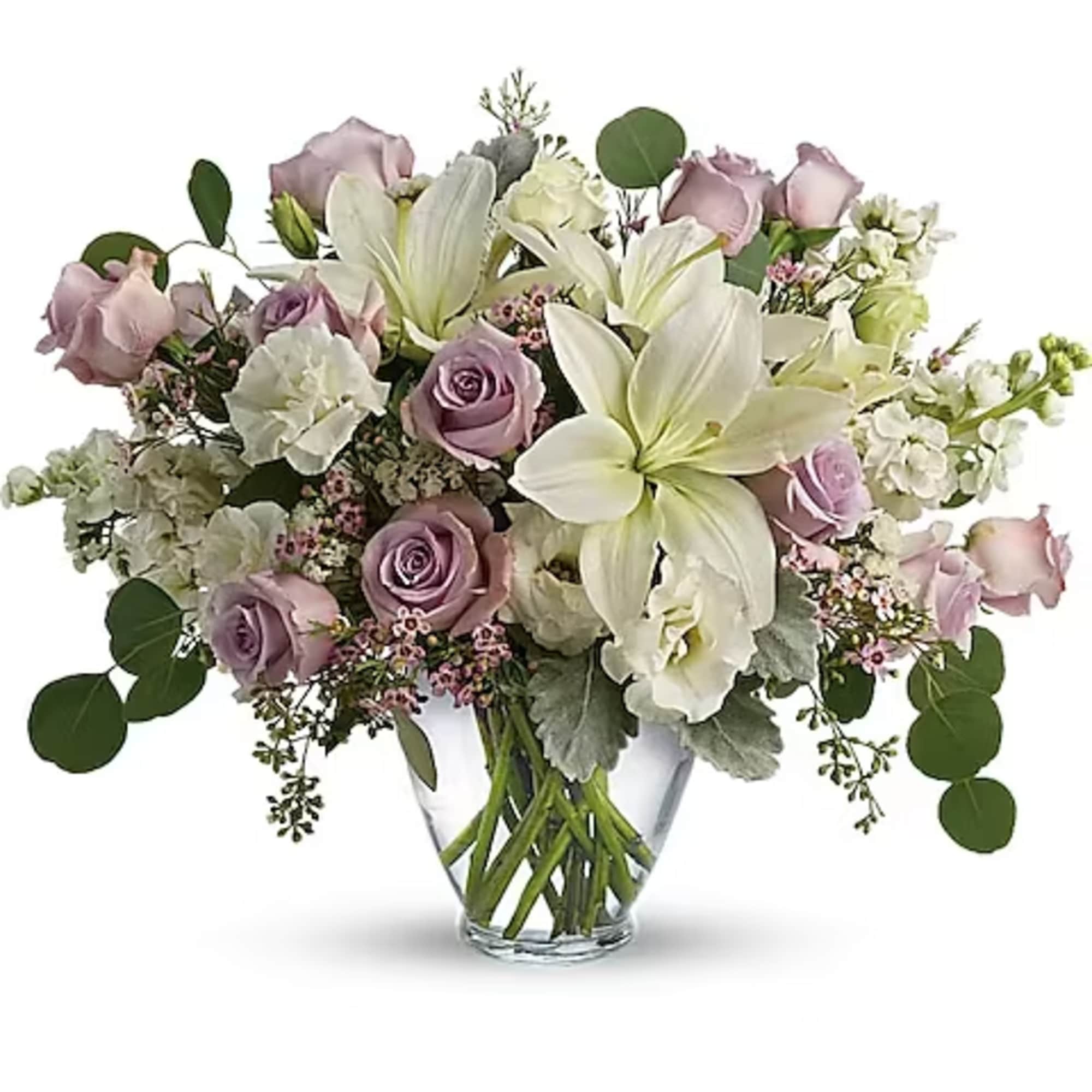 Pamper your lovely with this luxurious lavender and cream bouquet! Ravishing roses
