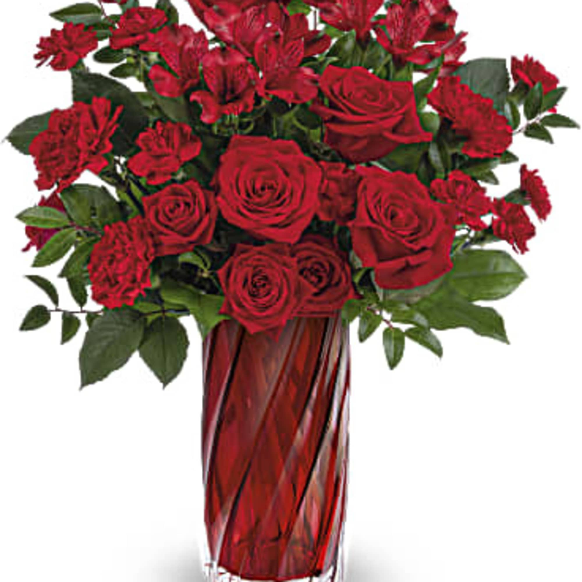 This arrangement includes red roses, red spray roses, red alstroemeria, red carnations