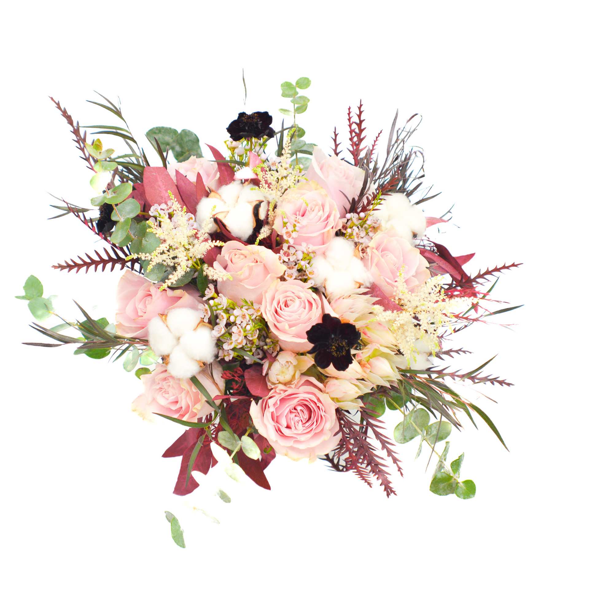 An exquisite flower bouquet, that illustrate a pink and burgundy shades, with