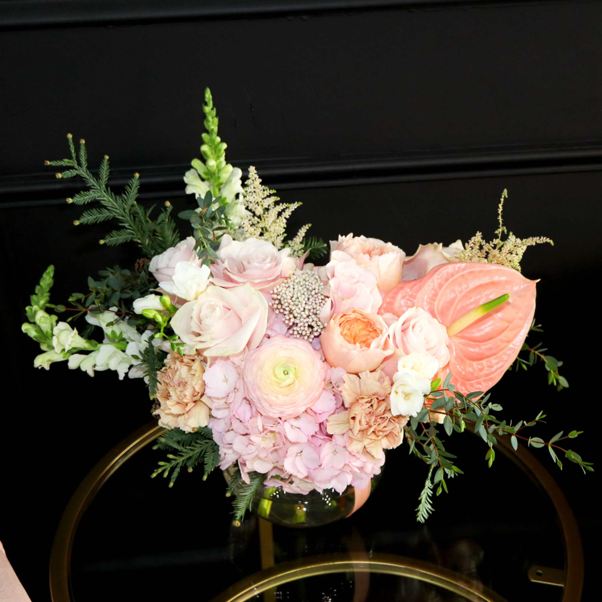 The Beauty, this stunning bouquet is created in glass bowl with blushes