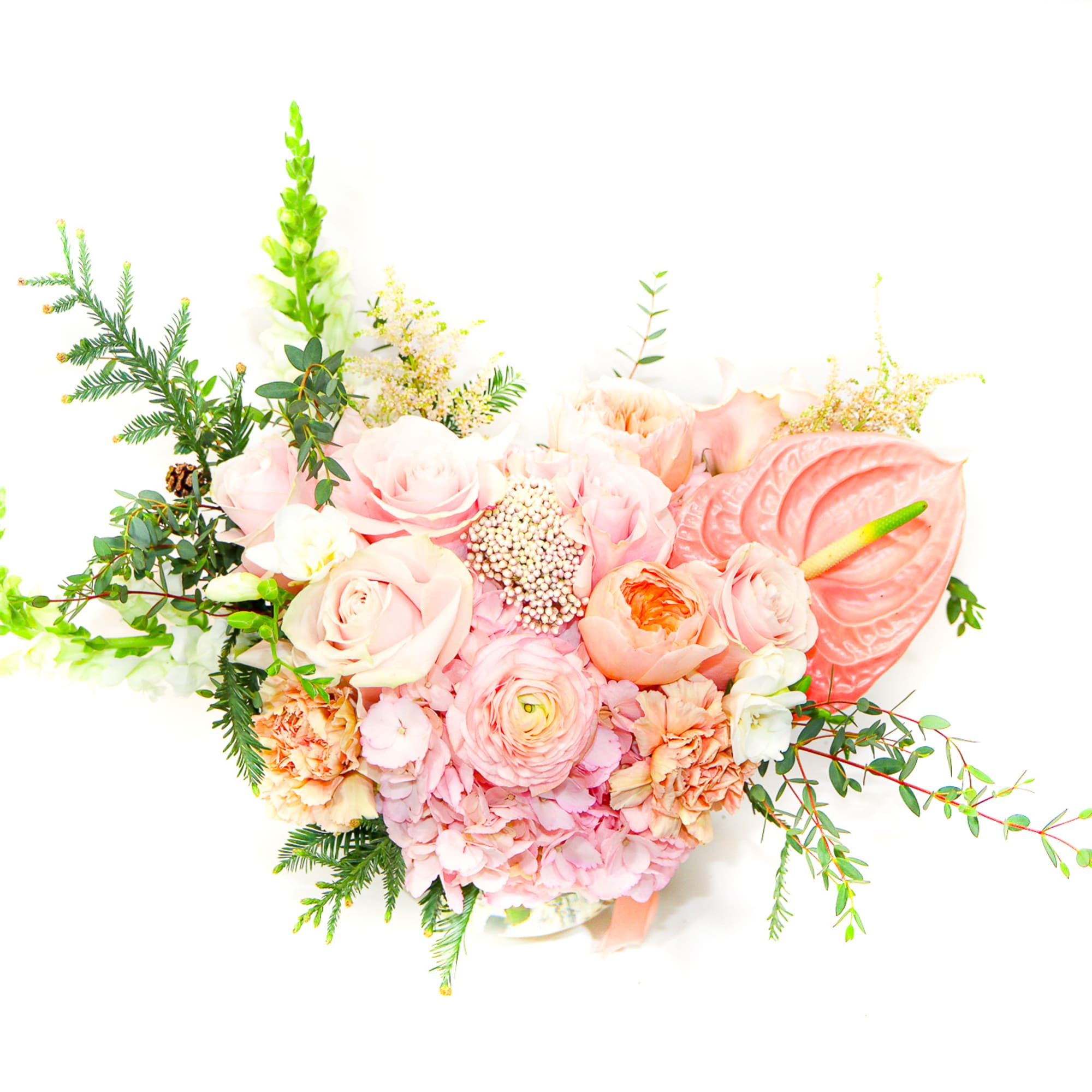 The Beauty, this stunning bouquet is created in glass bowl with blushes