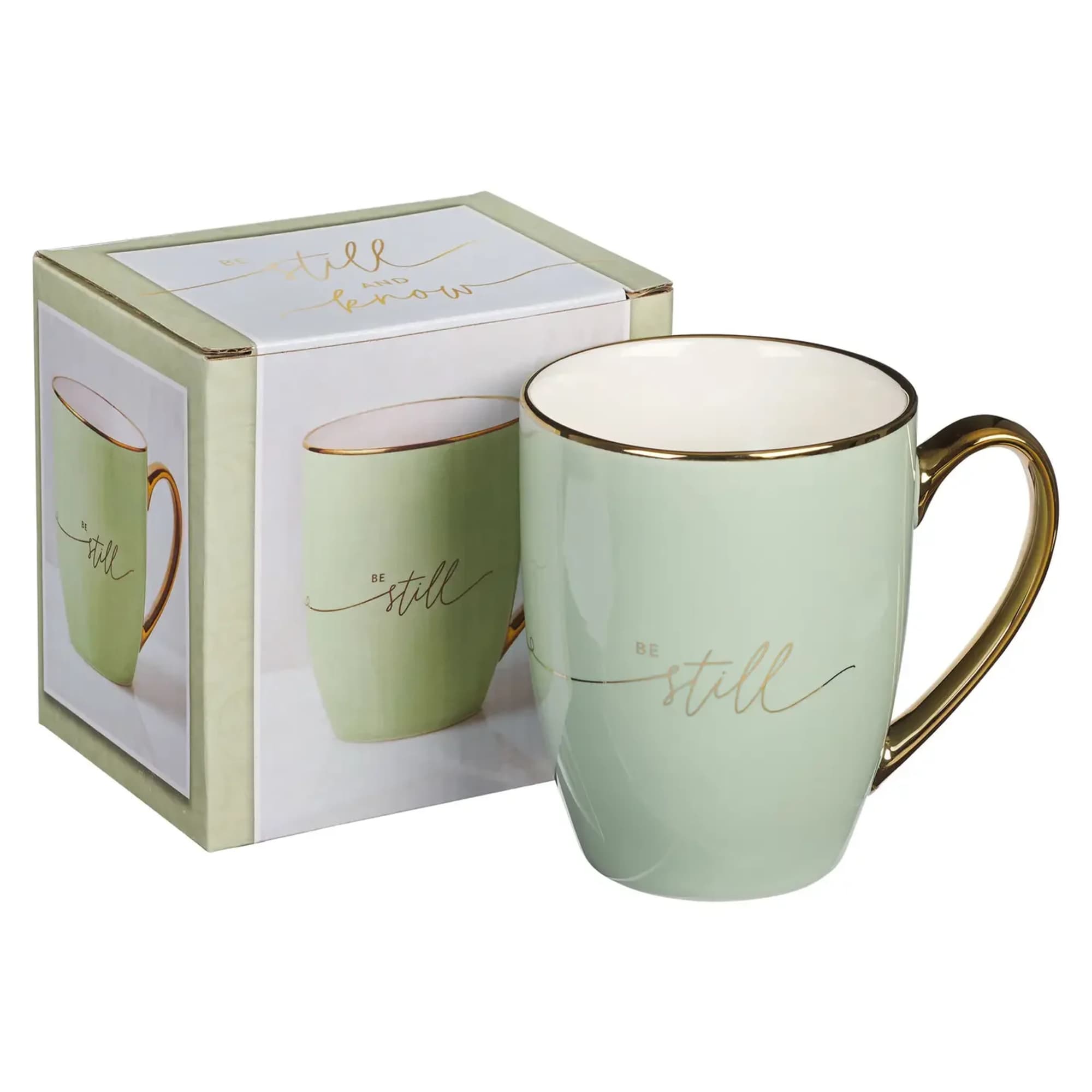 The Be Still Soft Green and Gold Ceramic Coffee Mug is a
