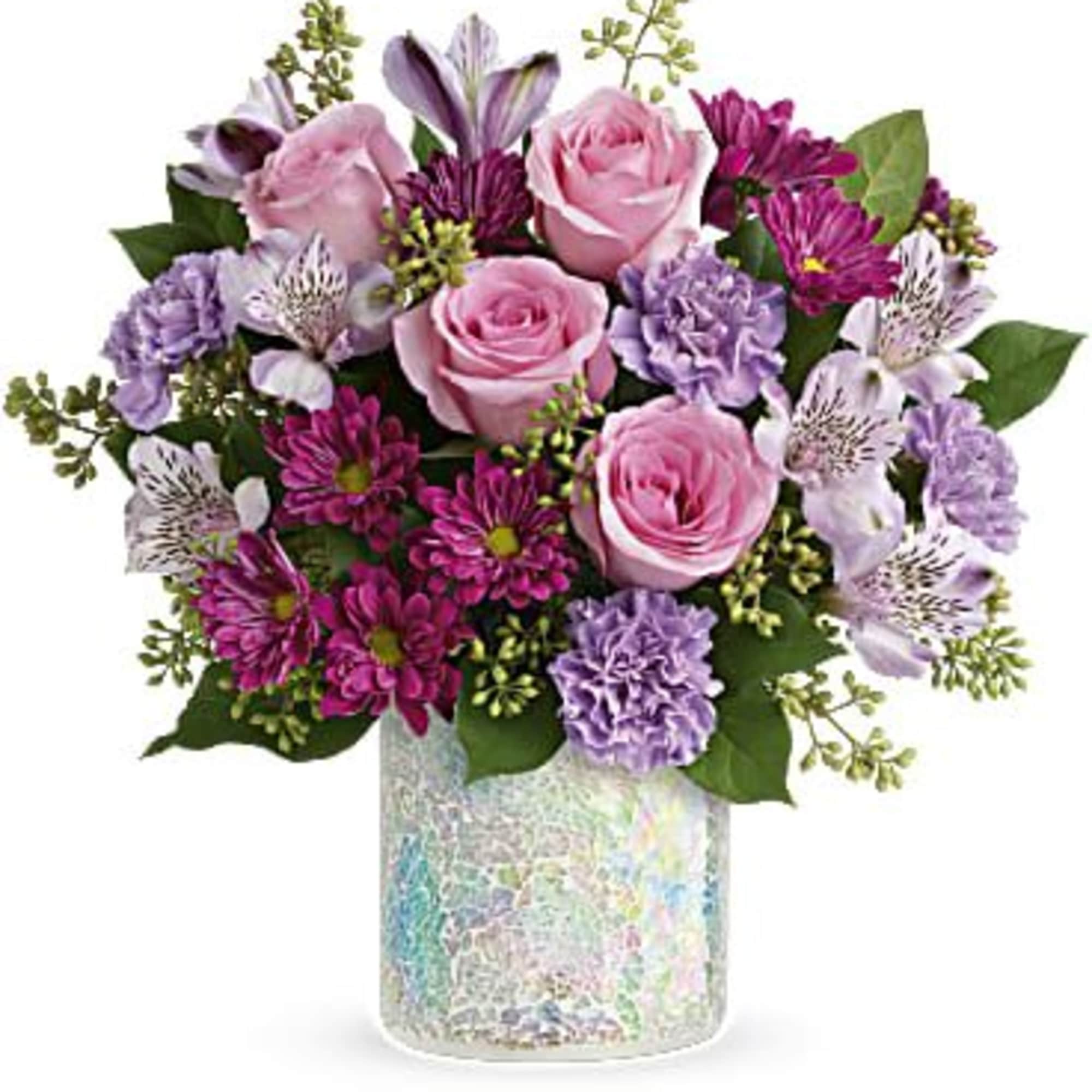 A cheerful mix of soft pink roses, lavender blooms, and vibrant purple