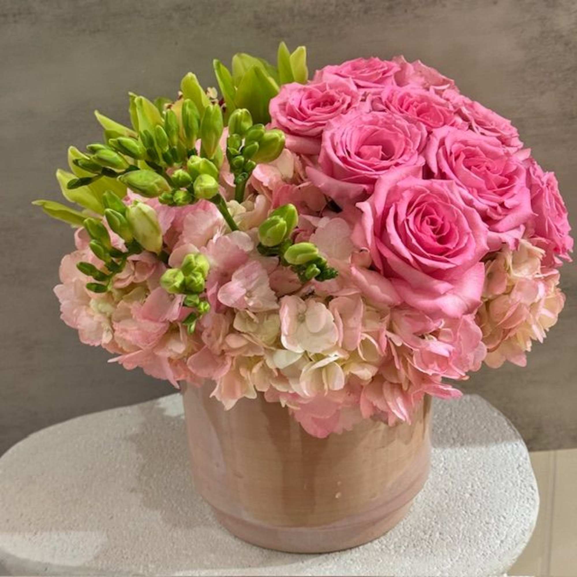 Perfect Valentine's Day Arrangement, 6" x 6" pink cylinder designer keepsake vase