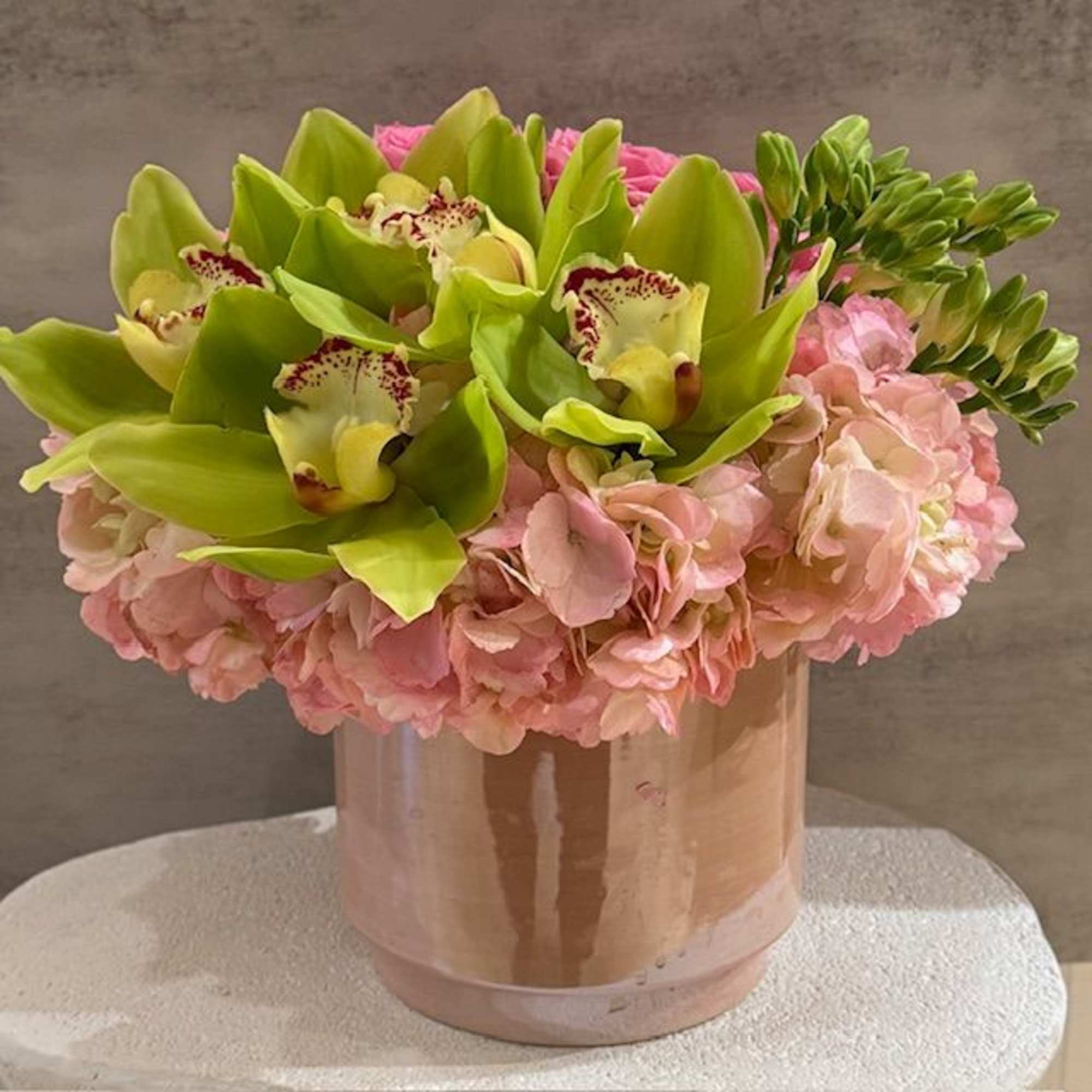 Perfect Valentine's Day Arrangement, 6" x 6" pink cylinder designer keepsake vase