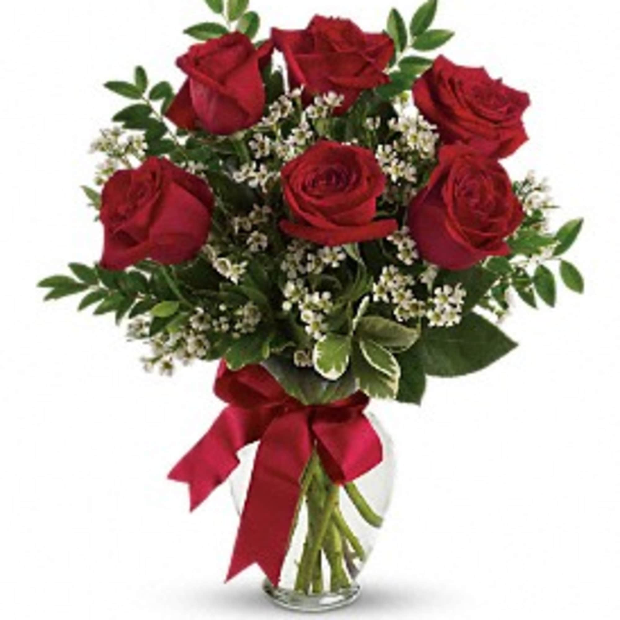 Six Roses of you color choice arranged in a vase.
*If no color