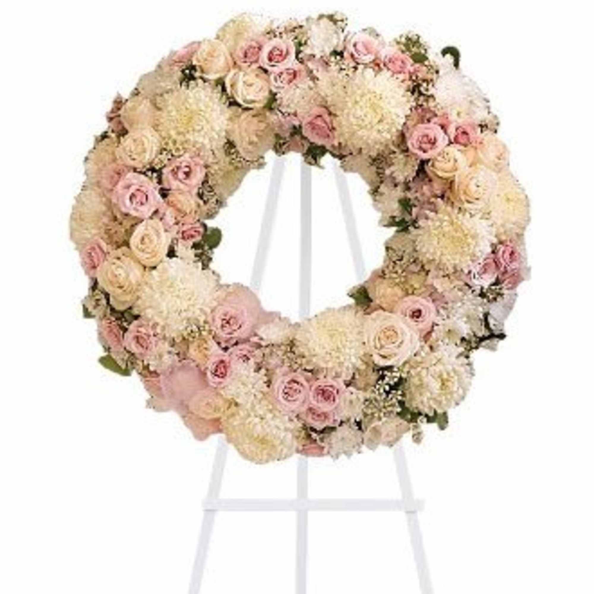 Lovely blooms such as cr&egrave;me and pink roses, pink hydrangea and white