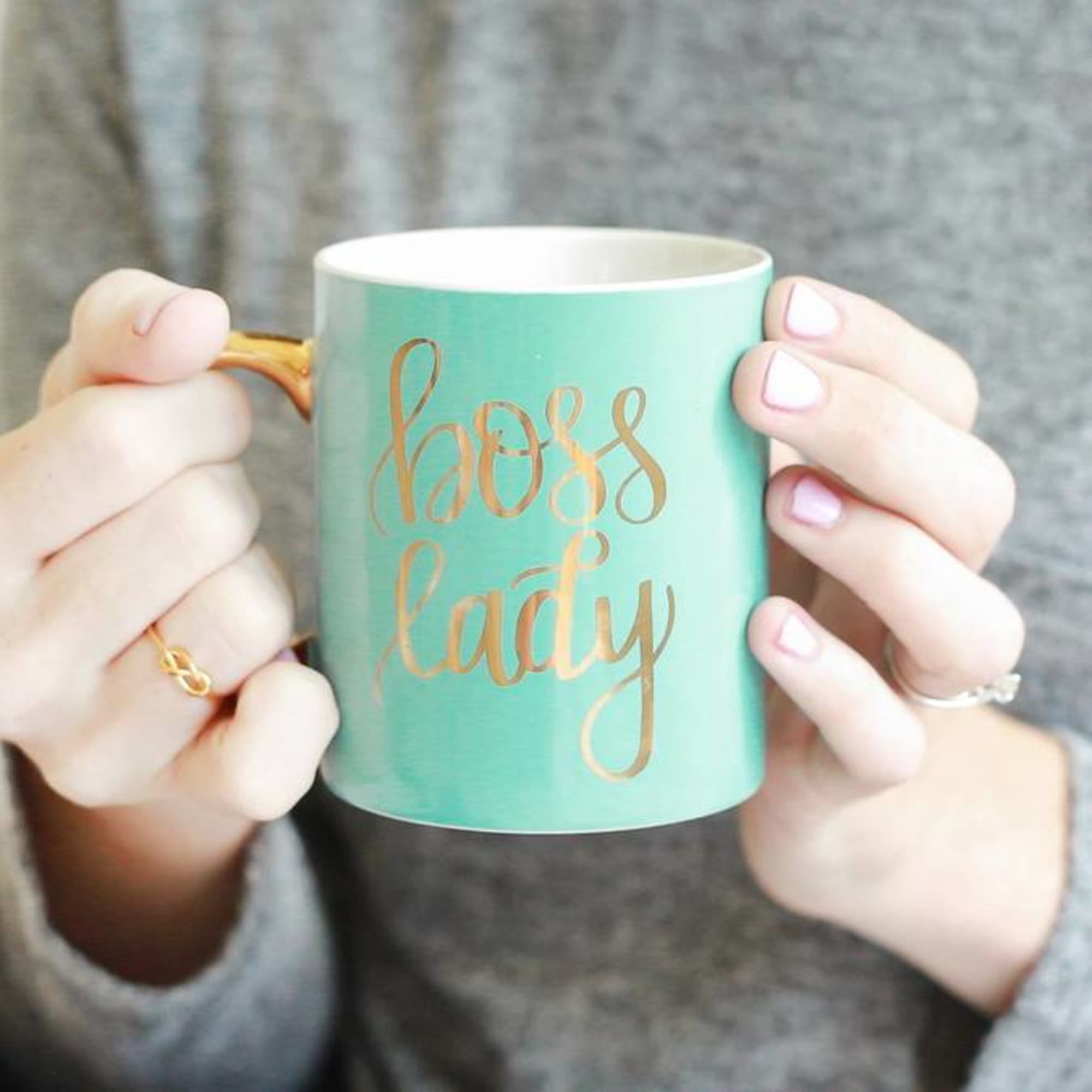 Our Boss Lady Mint Coffee Mug features real gold details on the