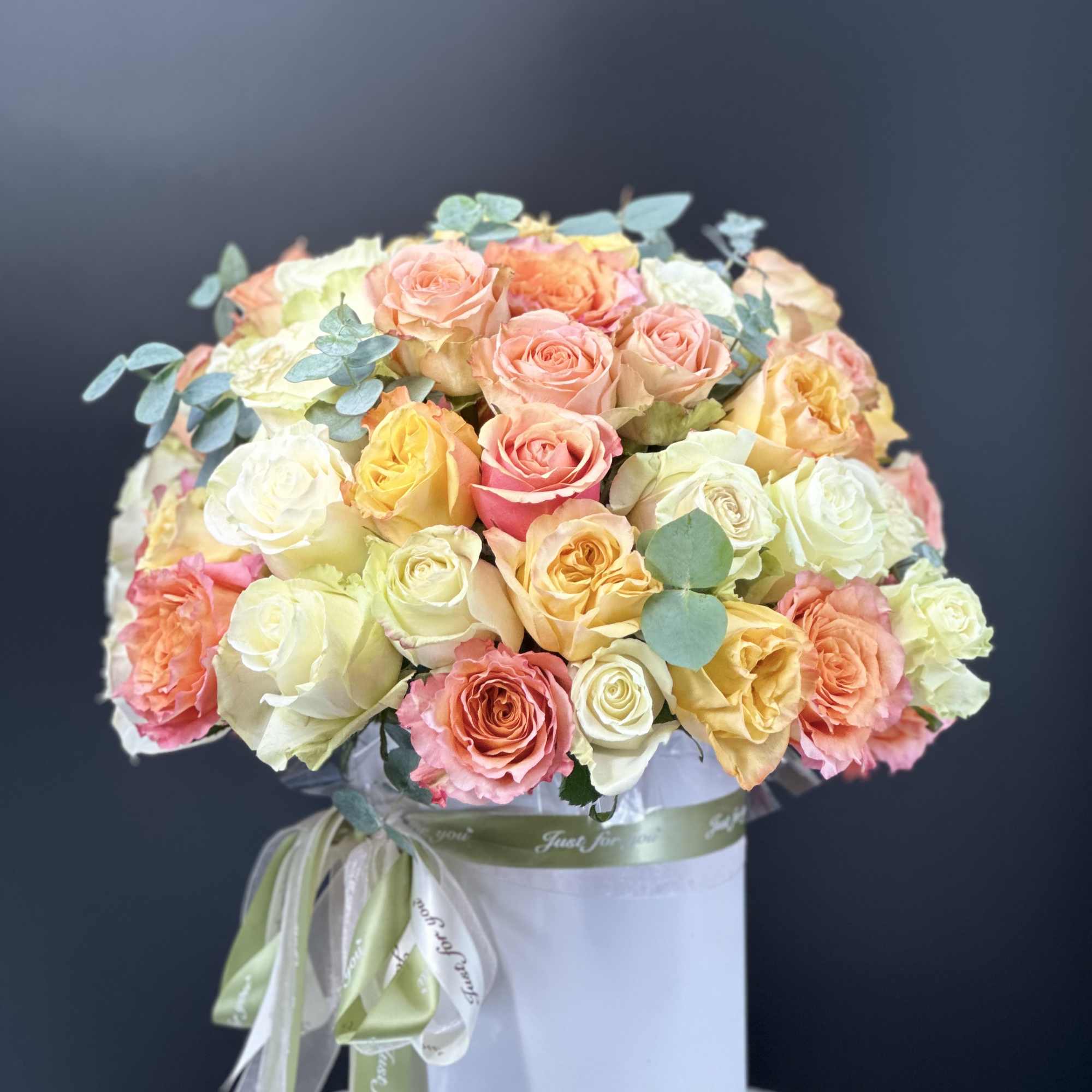 Box of beauty and  luxurious roses, unusually   arrangement in