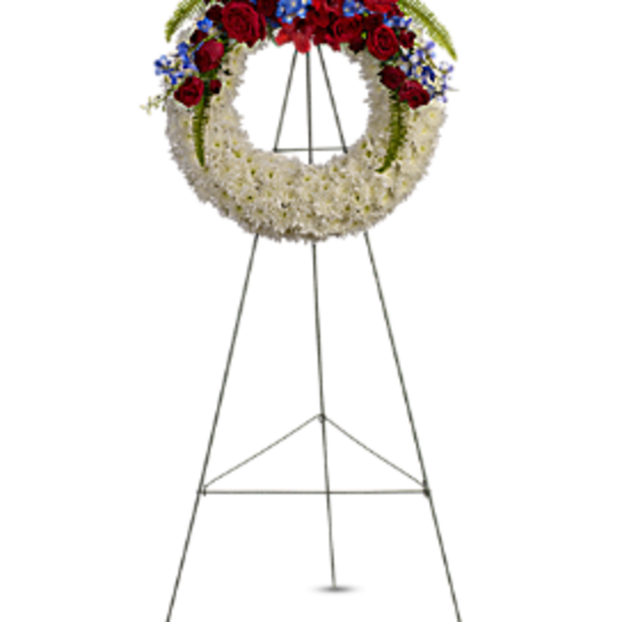 An elegant ring of serene white flowers topped with bold red and