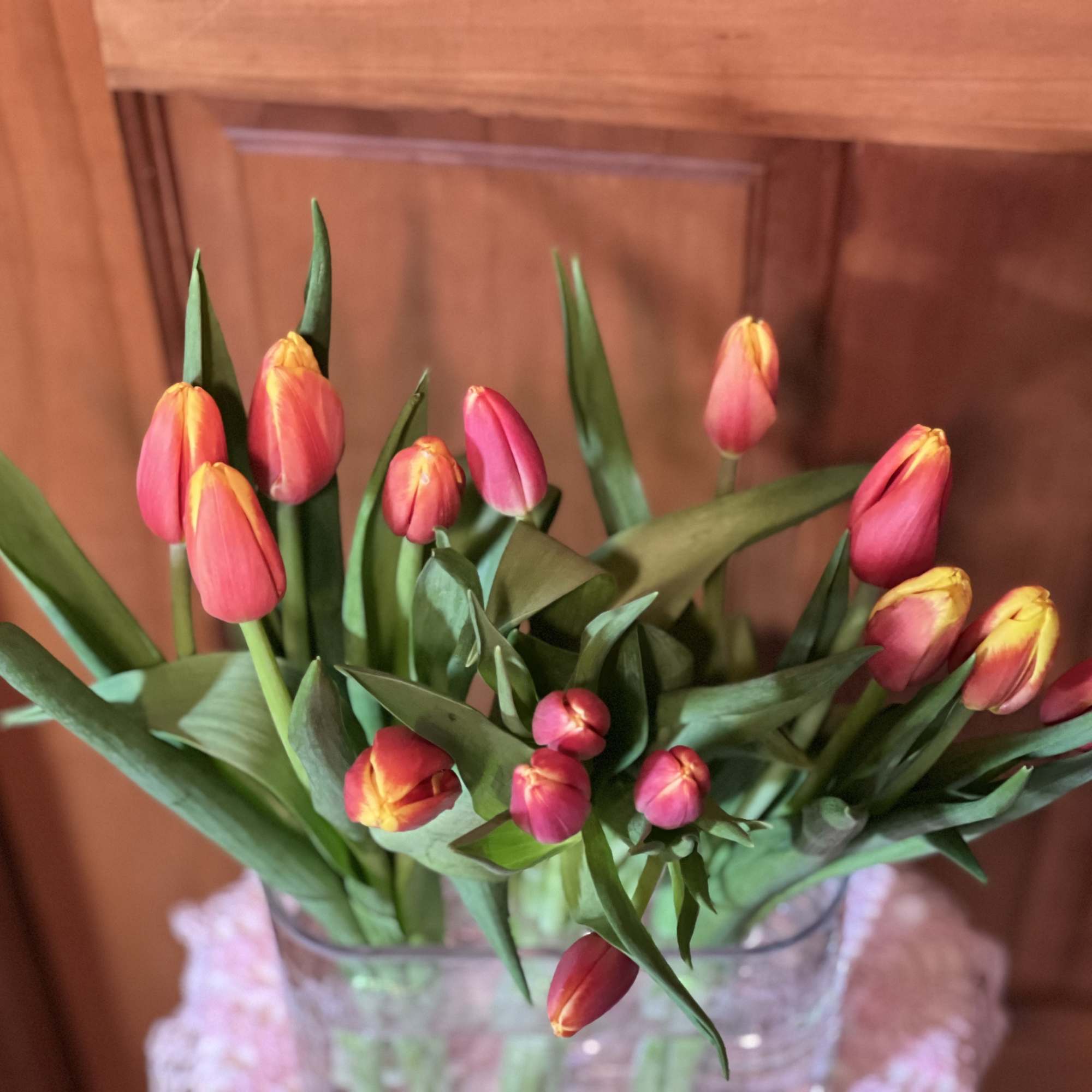 A grouping of Tulips in a clear oval 5 1/2" tall and