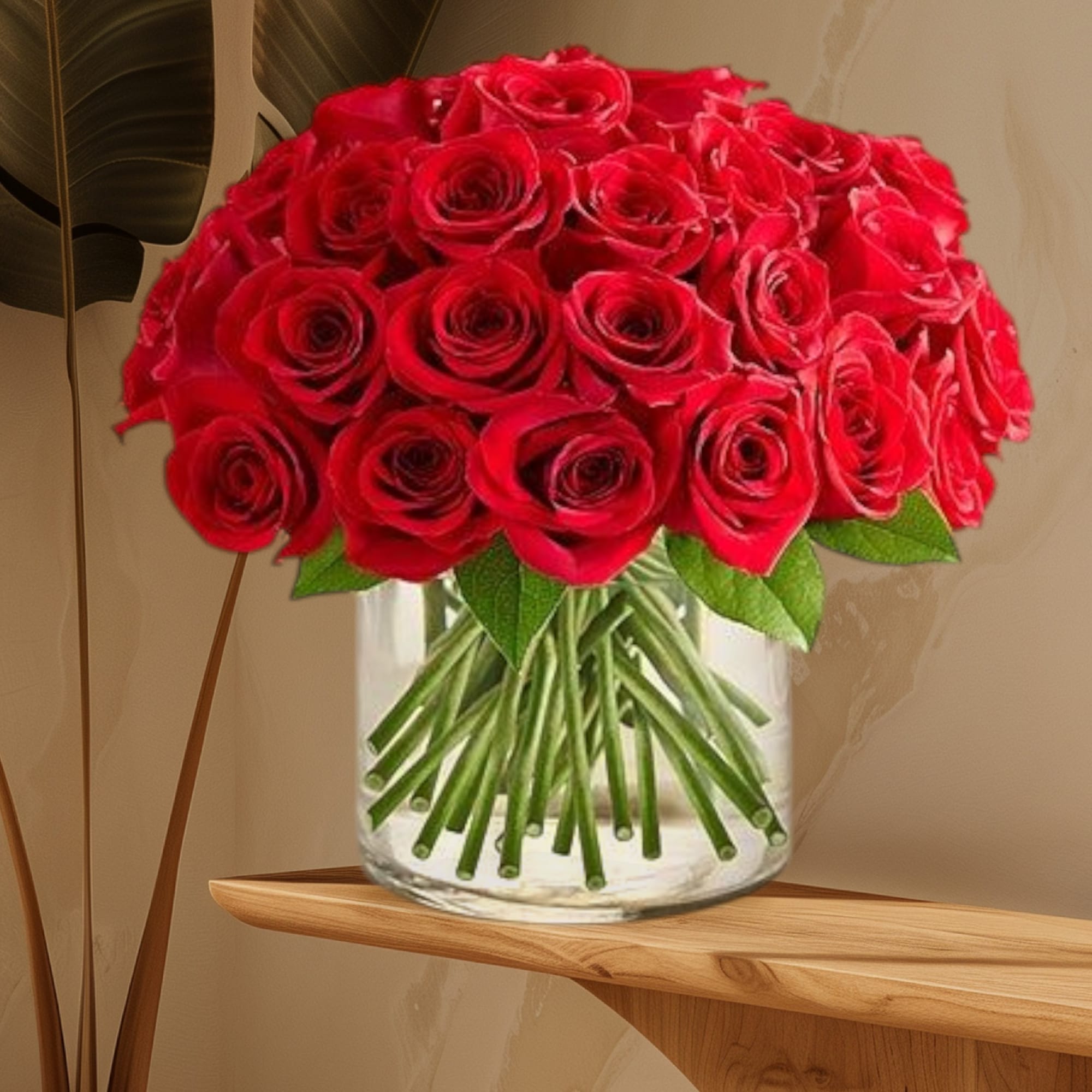 A striking and elegant display of deep red roses, arranged in a