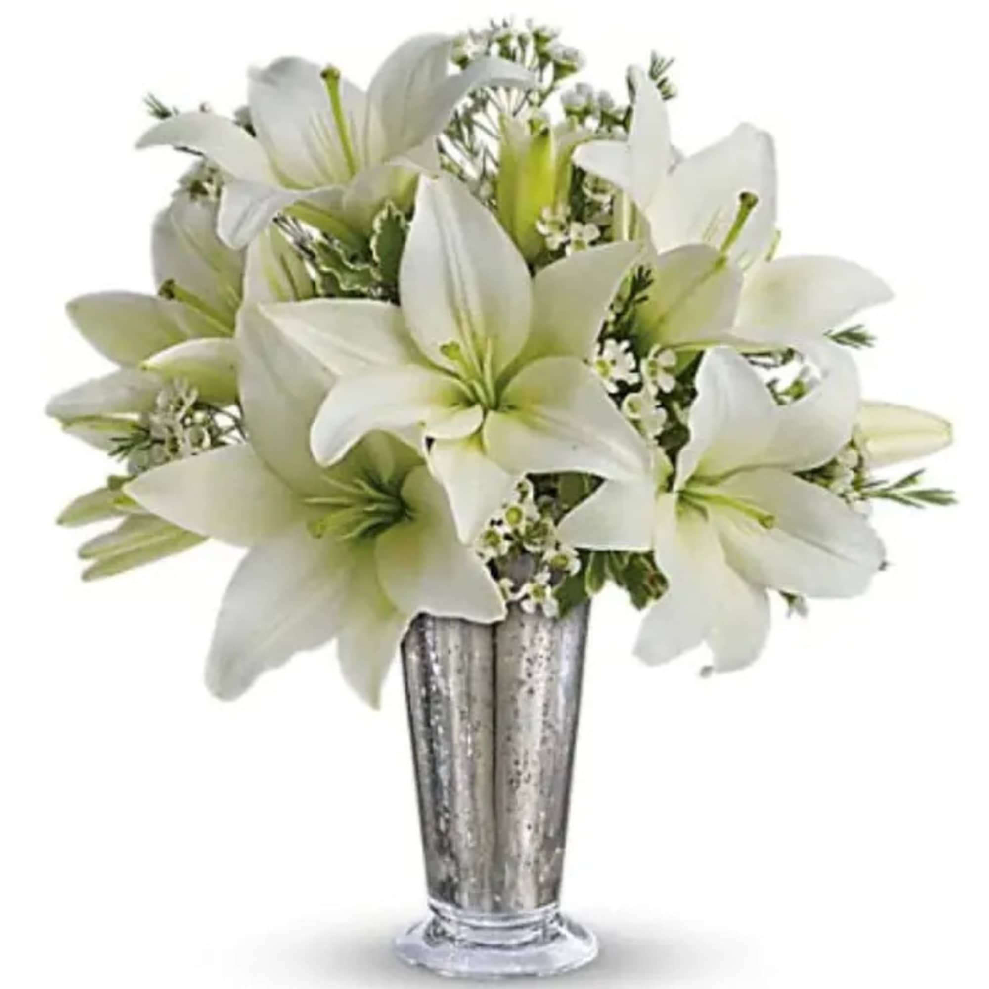 This classic silver and white arrangement is a stunning way to let
