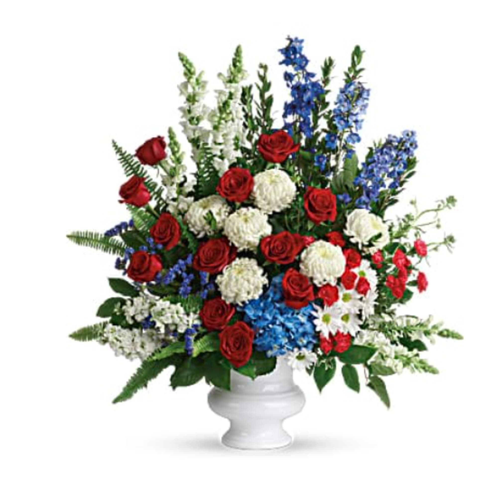 A dazzling display of patriotic red, white and blue flowers sends a