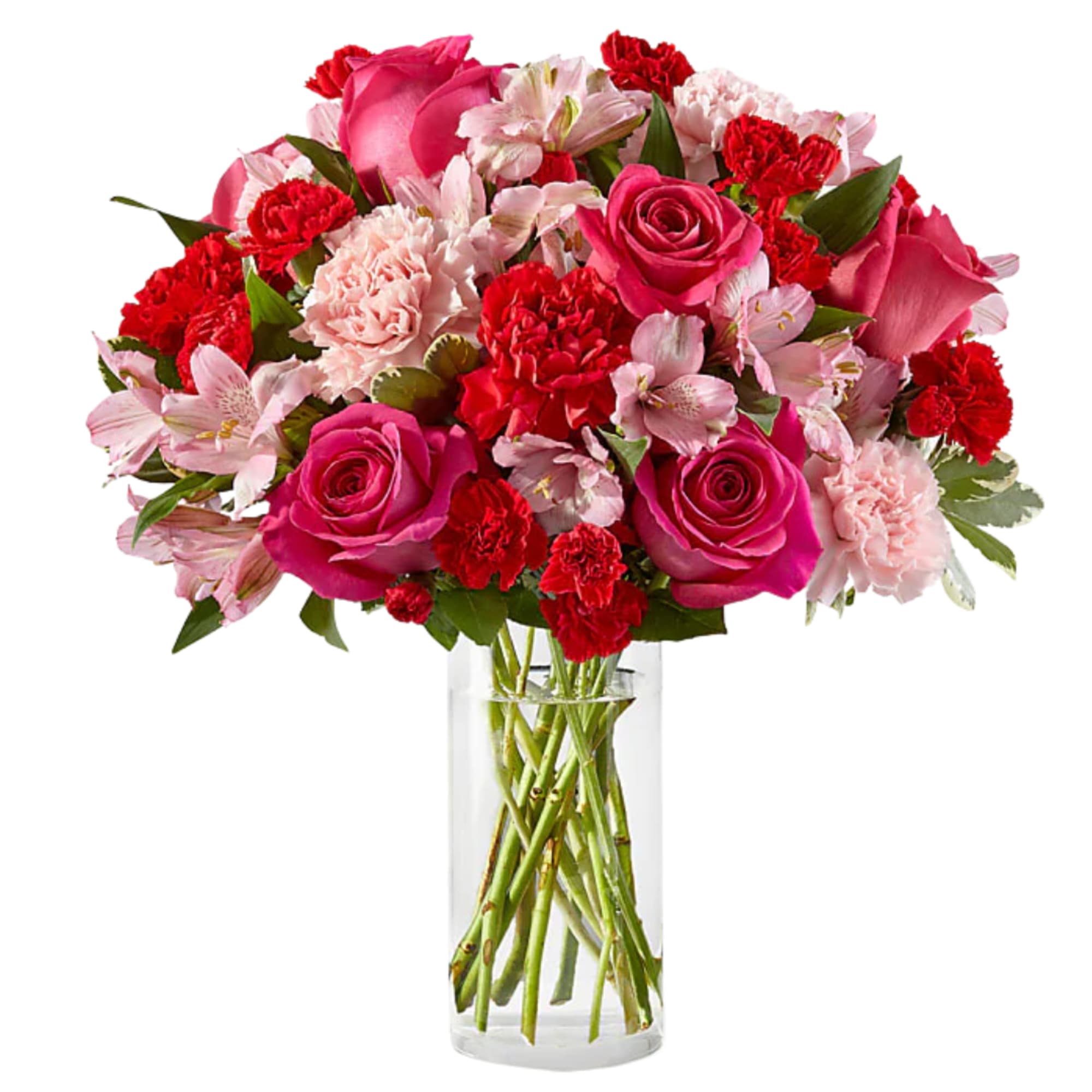 Bursting with shades of pink and red, this stunning arrangement combines roses