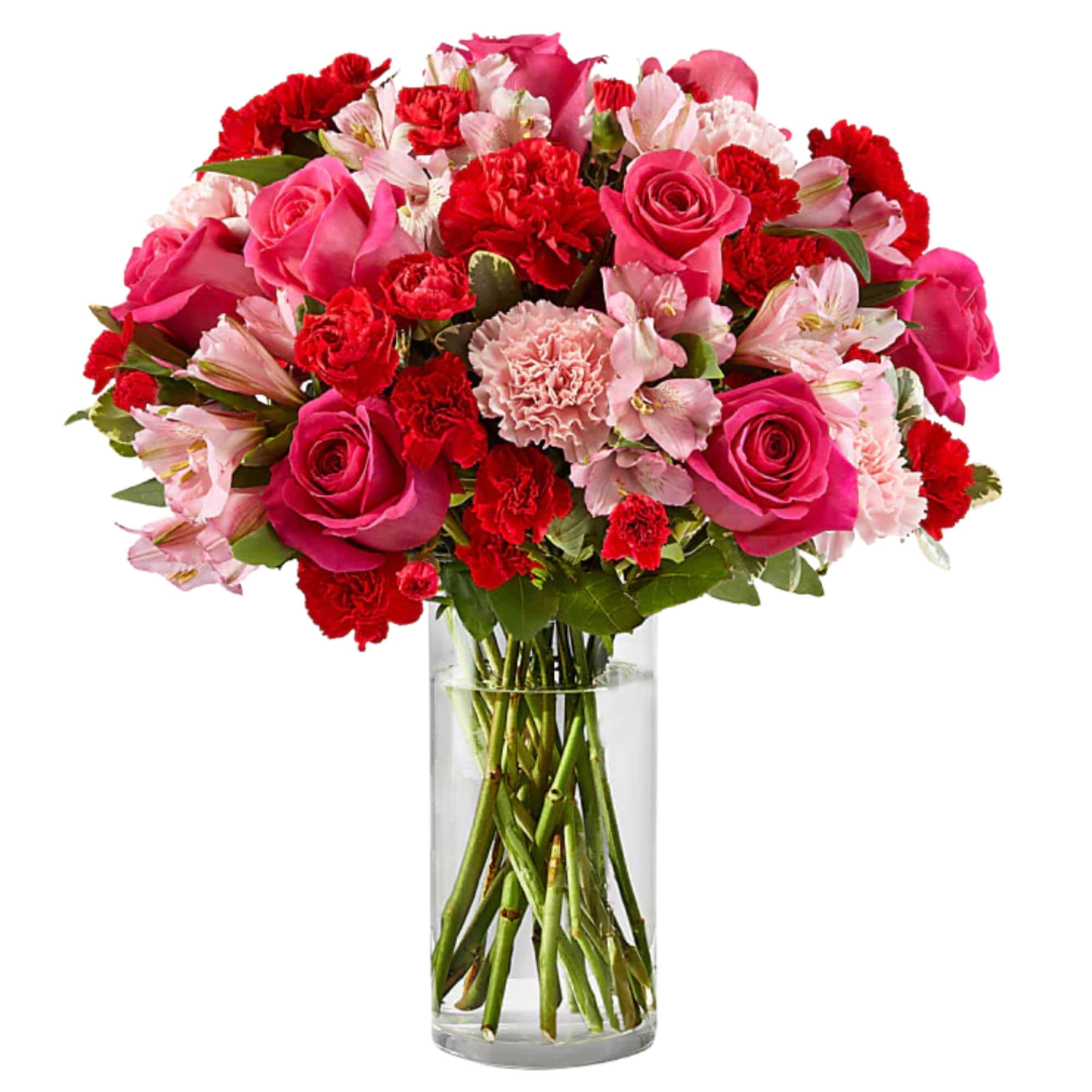 Bursting with shades of pink and red, this stunning arrangement combines roses