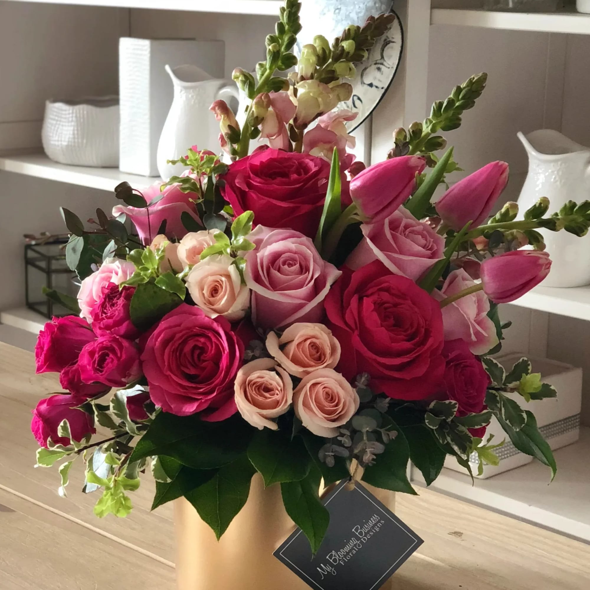 Shades of Pink Flower Arrangement in Gold Vase

Show someone special how much