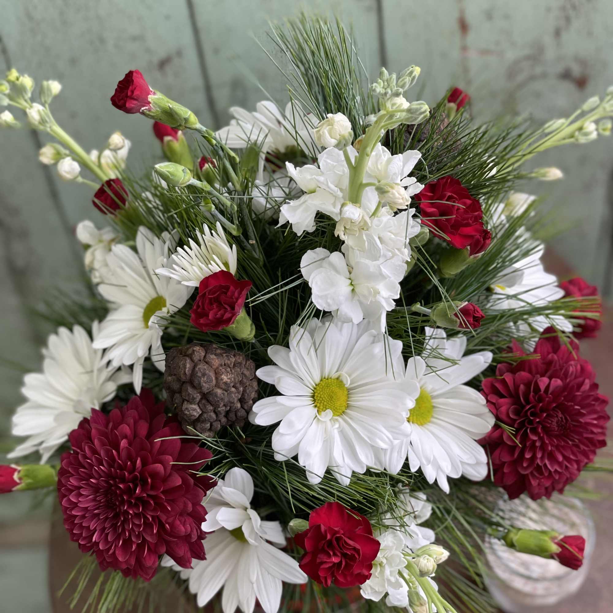 Send holiday greetings with this lovely evergreen arrangement in a ceramic buffalo