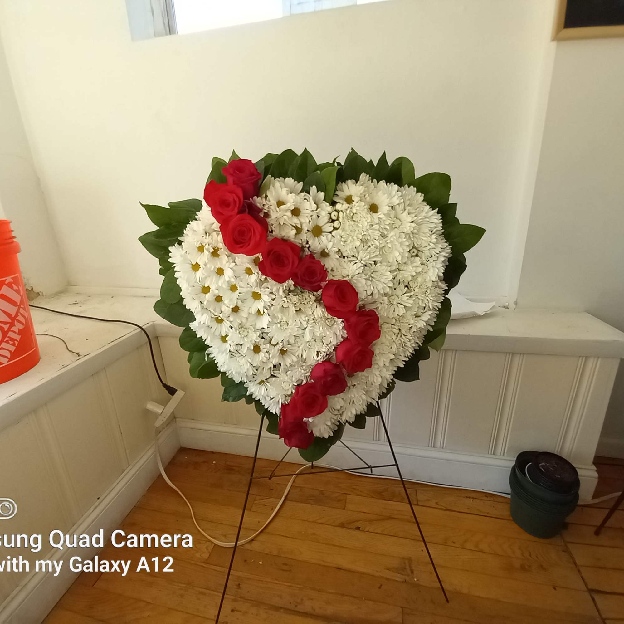 White daisies and red roses heart shaped standing spray  