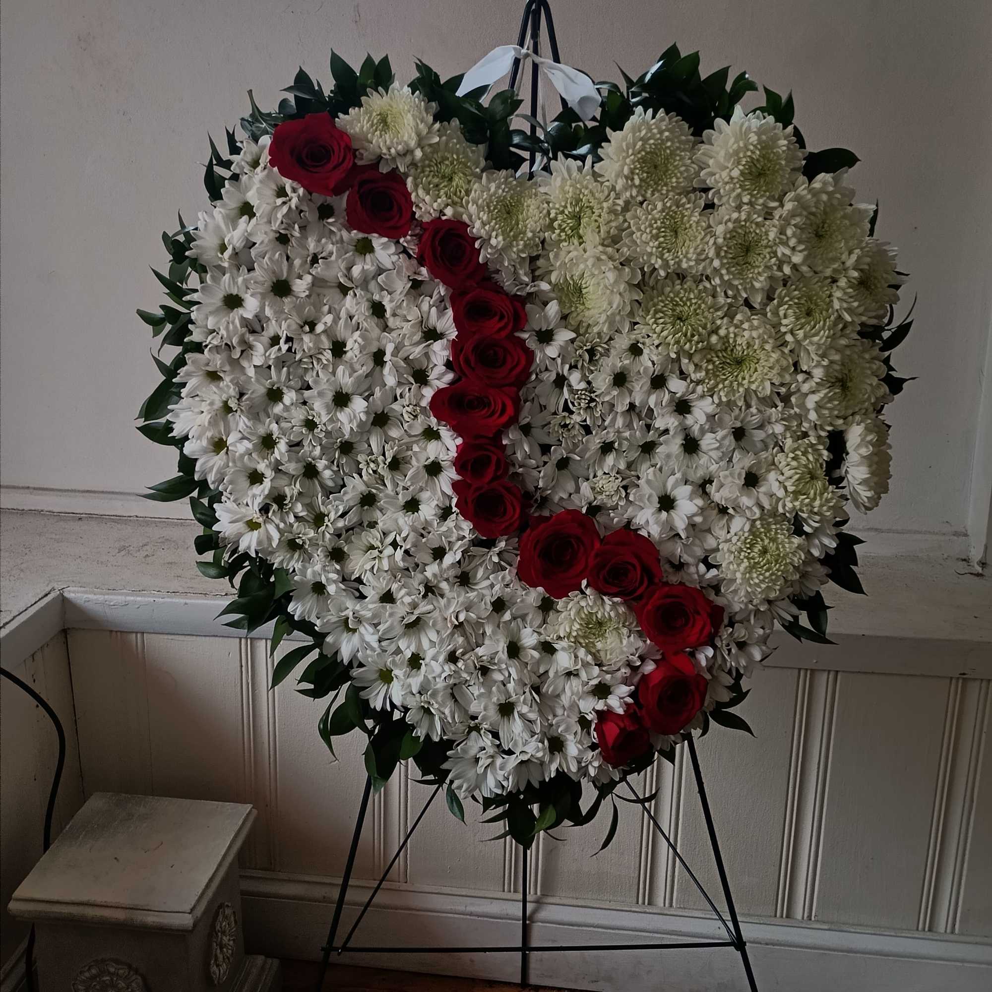 White daisies and red roses heart shaped standing spray  