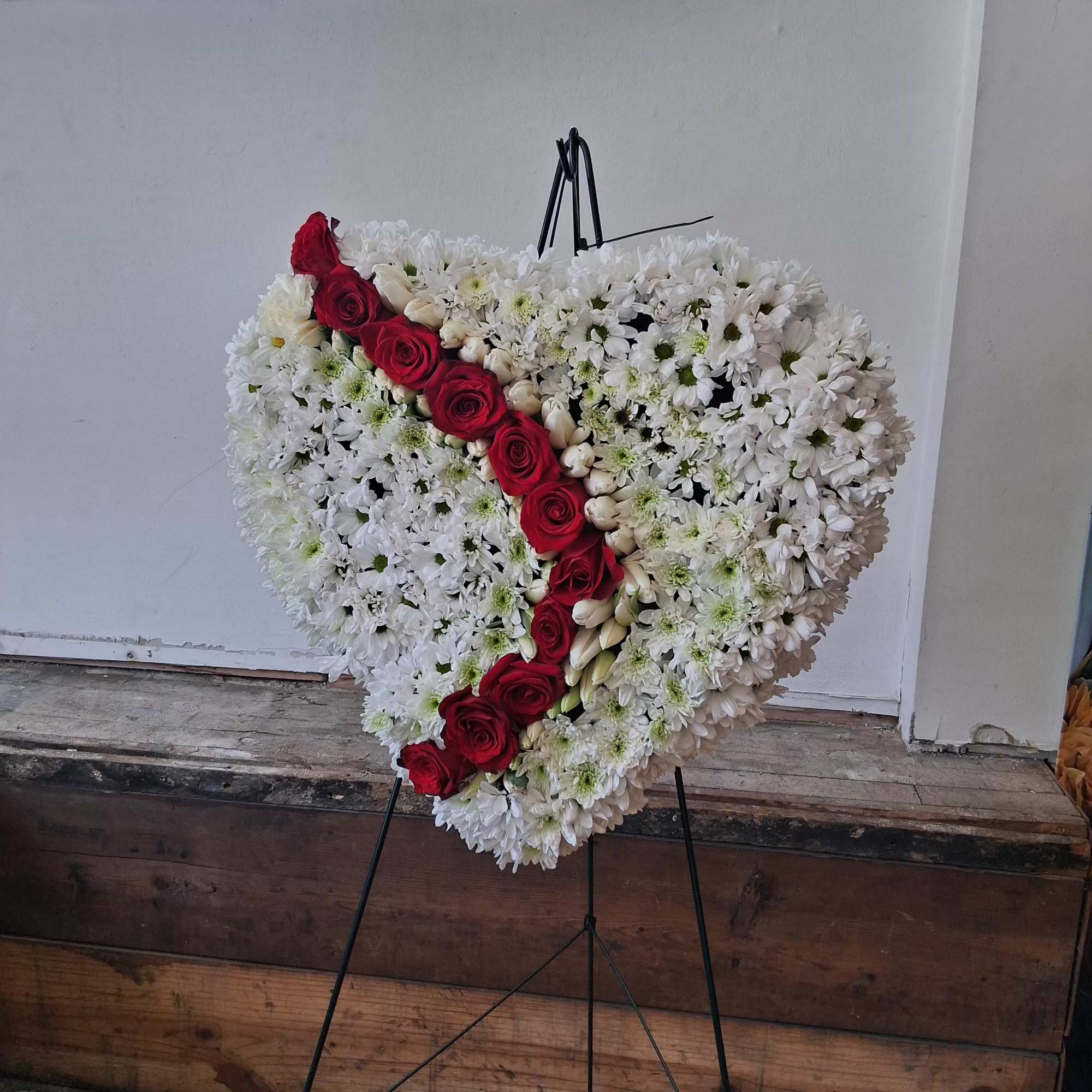 White daisies and red roses heart shaped standing spray  