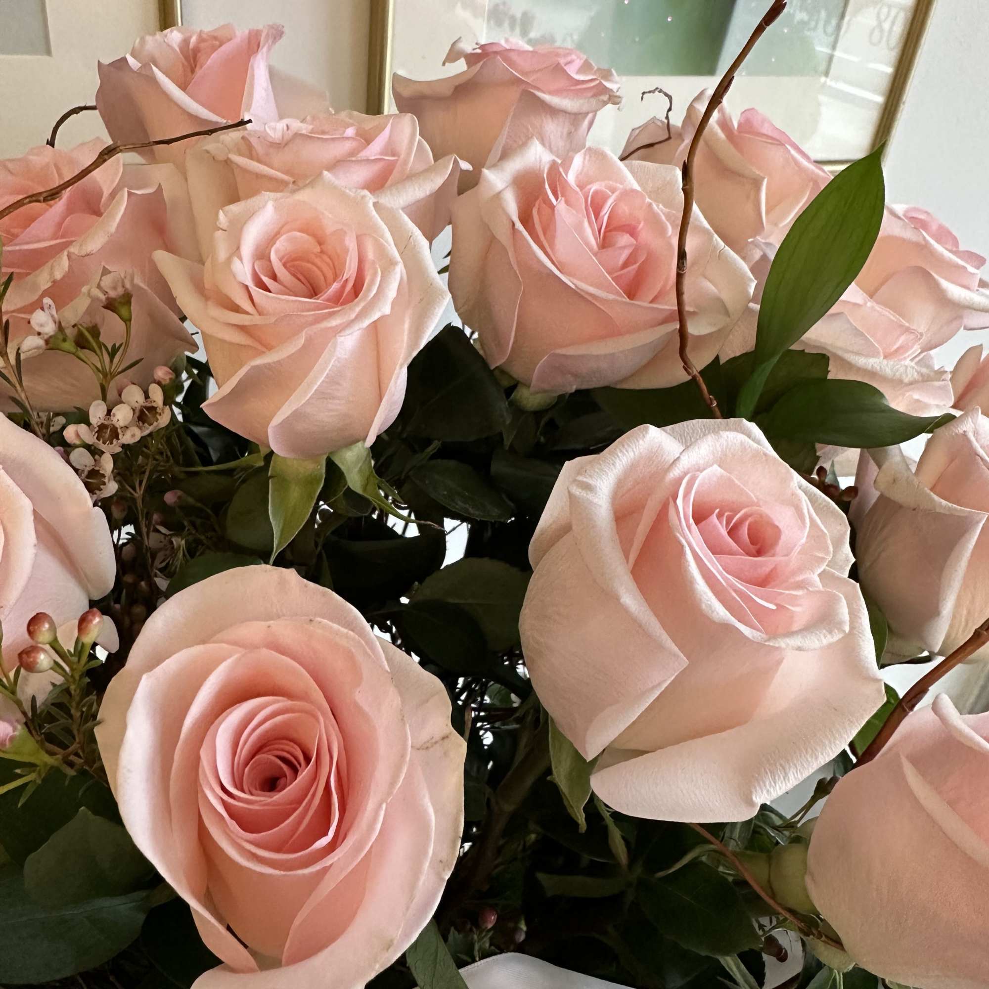 luxury NOVIA PINK Roses with a touch of curly willow and wax