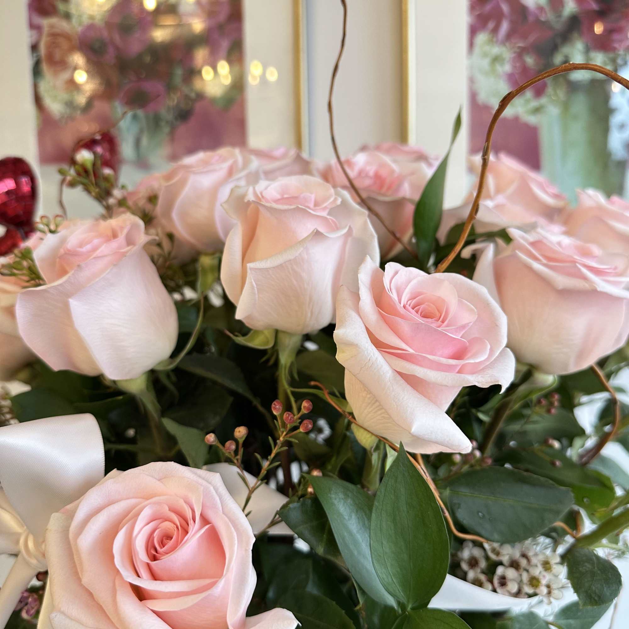 luxury NOVIA PINK Roses with a touch of curly willow and wax