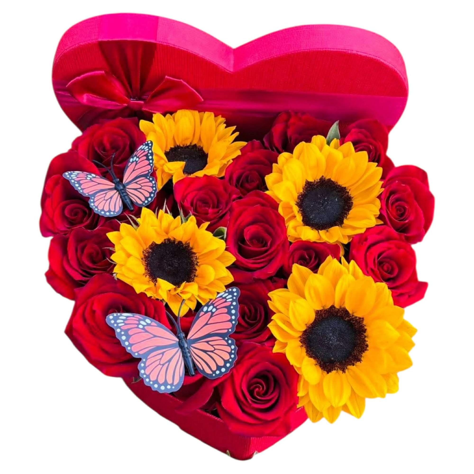 Hearth shape box with roses and sunflowers 