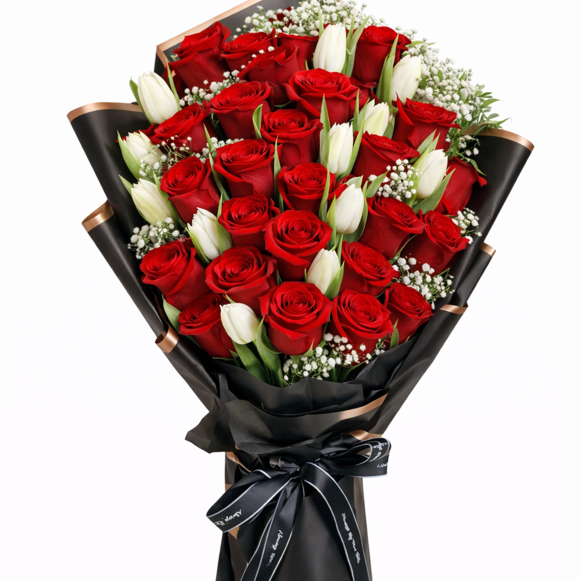 A timeless luxury bouquet featuring premium red roses, elegant white tulips, and