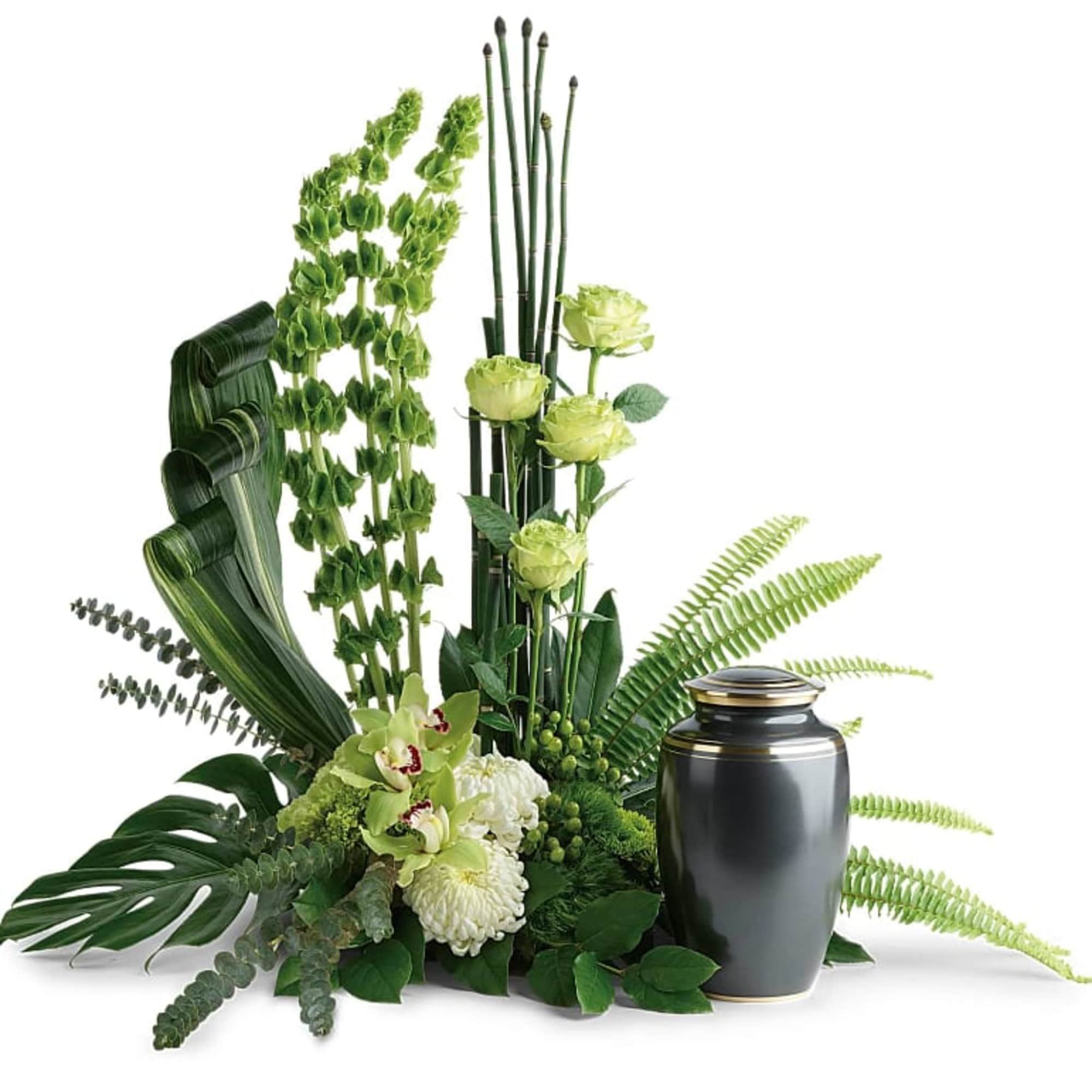 This elegant, Eastern-inspired arrangement of hydrangea and orchids surrounds the cremation urn